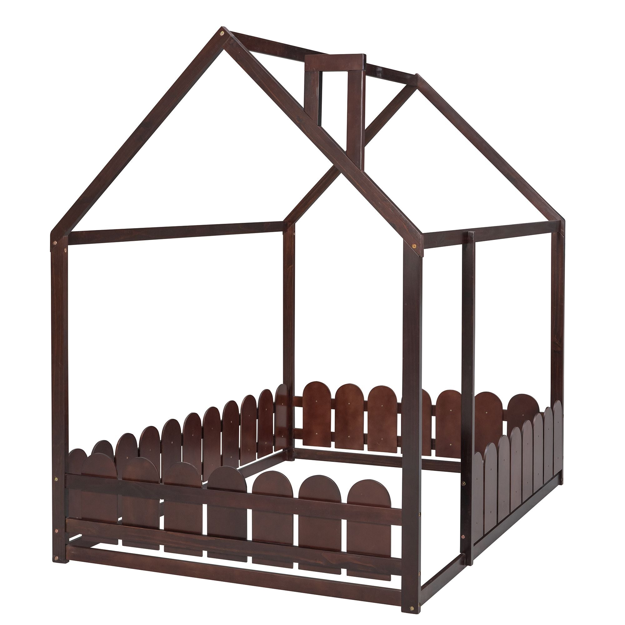 (Slats are not included) Full Size Wood Bed House Bed Frame with Fence; for Kids; Teens; Girls; Boys