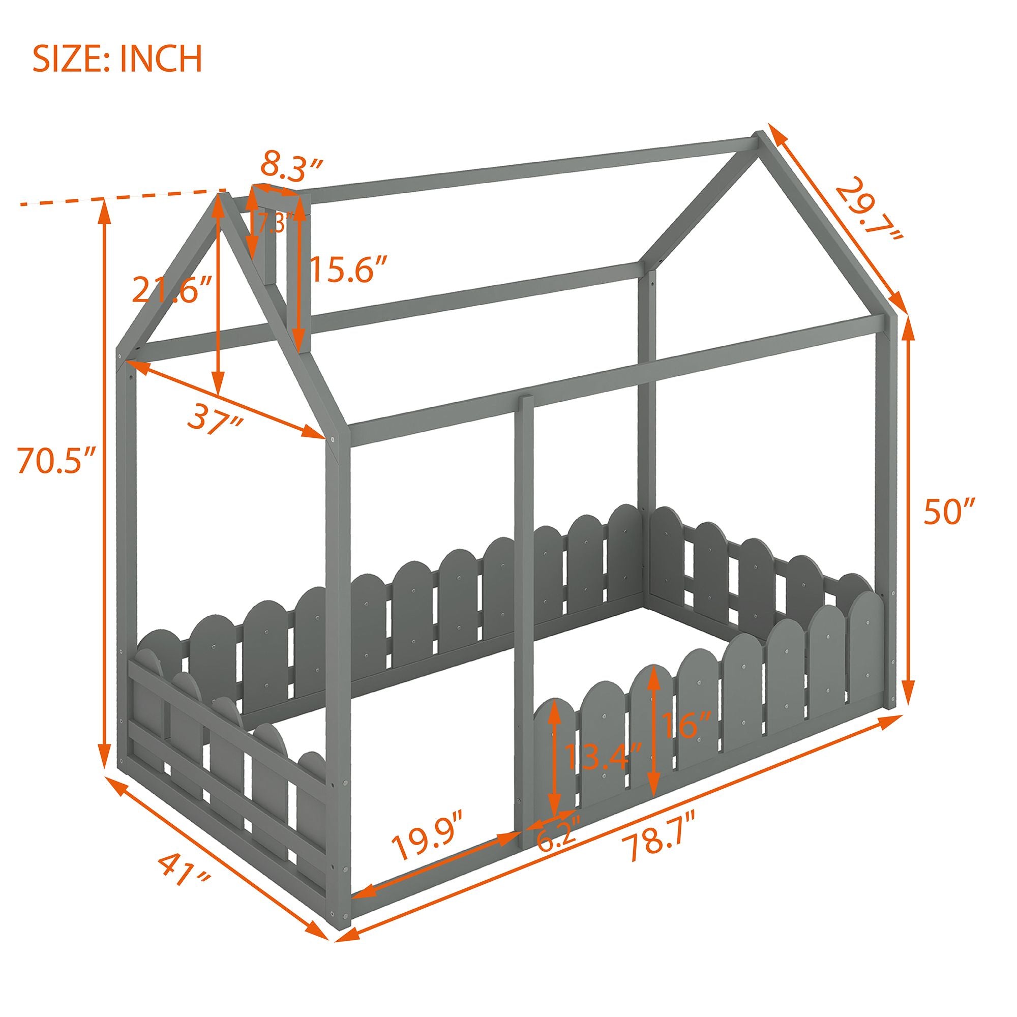 (Slats are not included) Twin Size Wood Bed House Bed Frame with Fence; for Kids; Teens; Girls; Boys