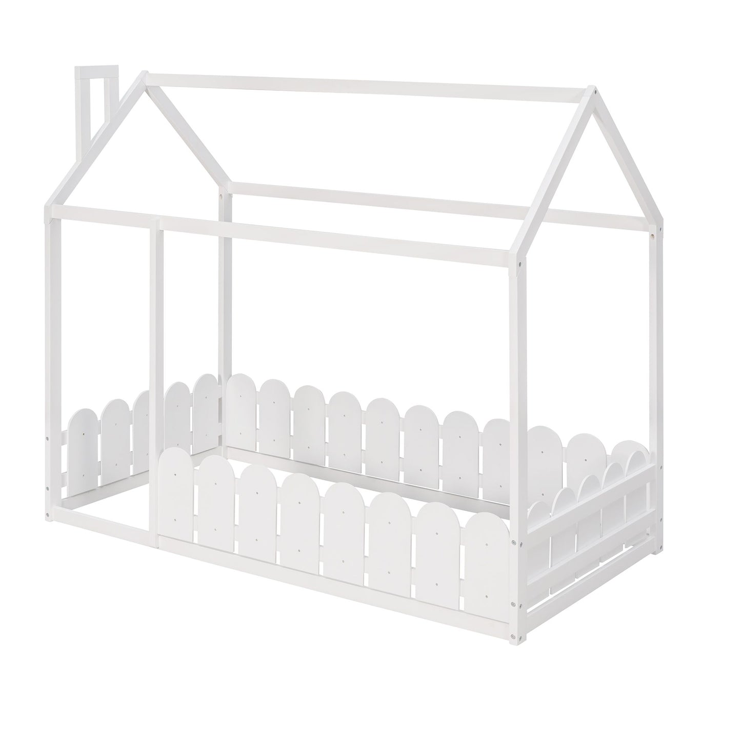(Slats are not included) Twin Size Wood Bed House Bed Frame with Fence; for Kids; Teens; Girls; Boys