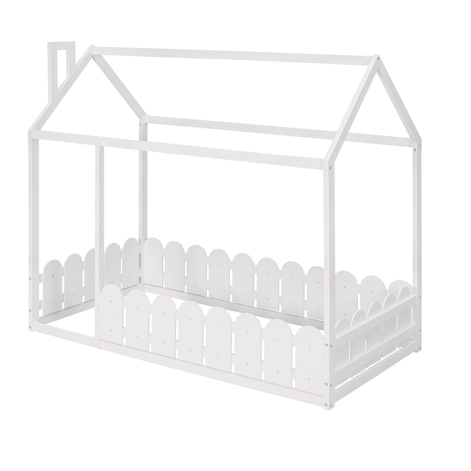 (Slats are not included) Twin Size Wood Bed House Bed Frame with Fence; for Kids; Teens; Girls; Boys