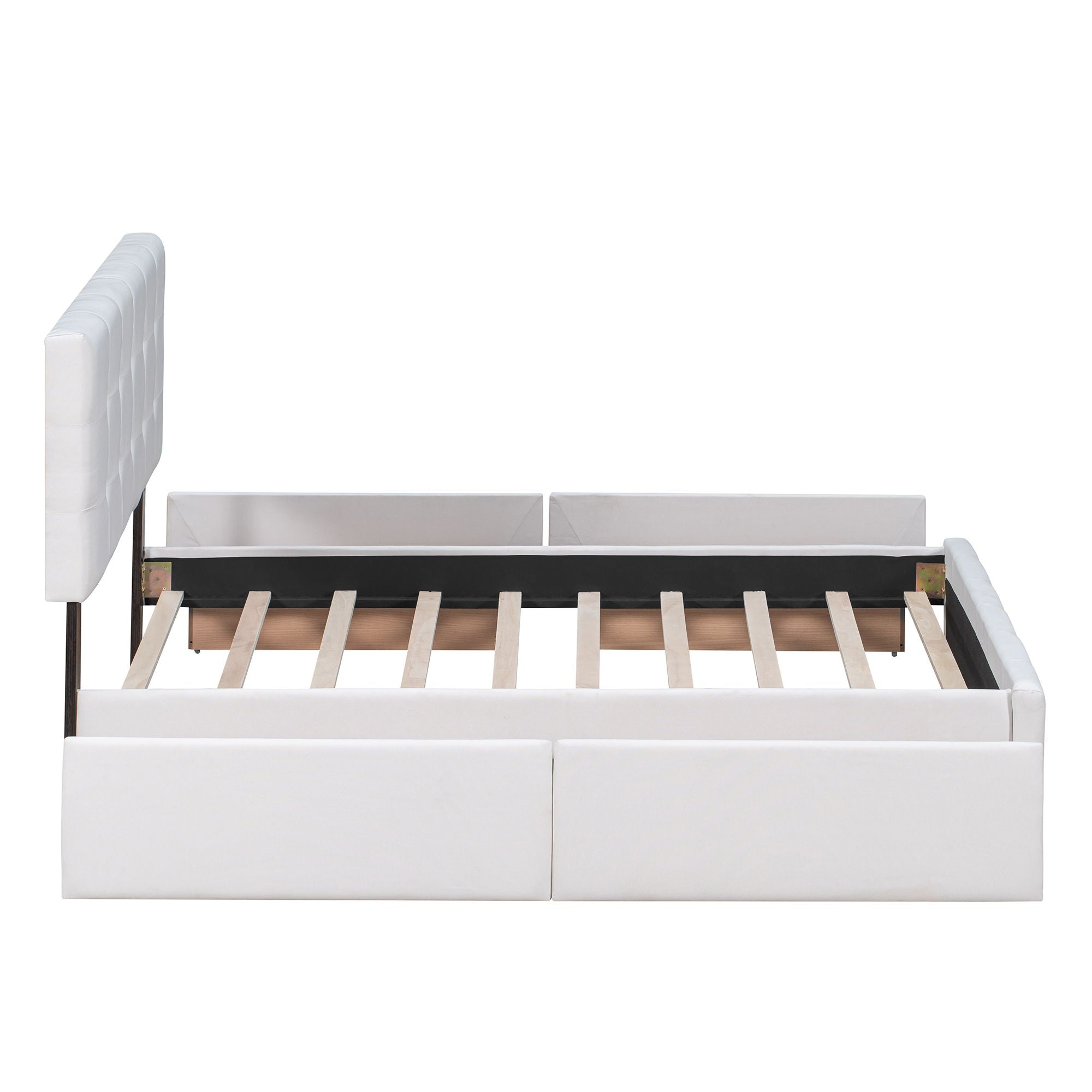 Upholstered Platform Bed with Classic Headboard and 4 Drawers; No Box Spring Needed; Linen Fabric; Queen Size