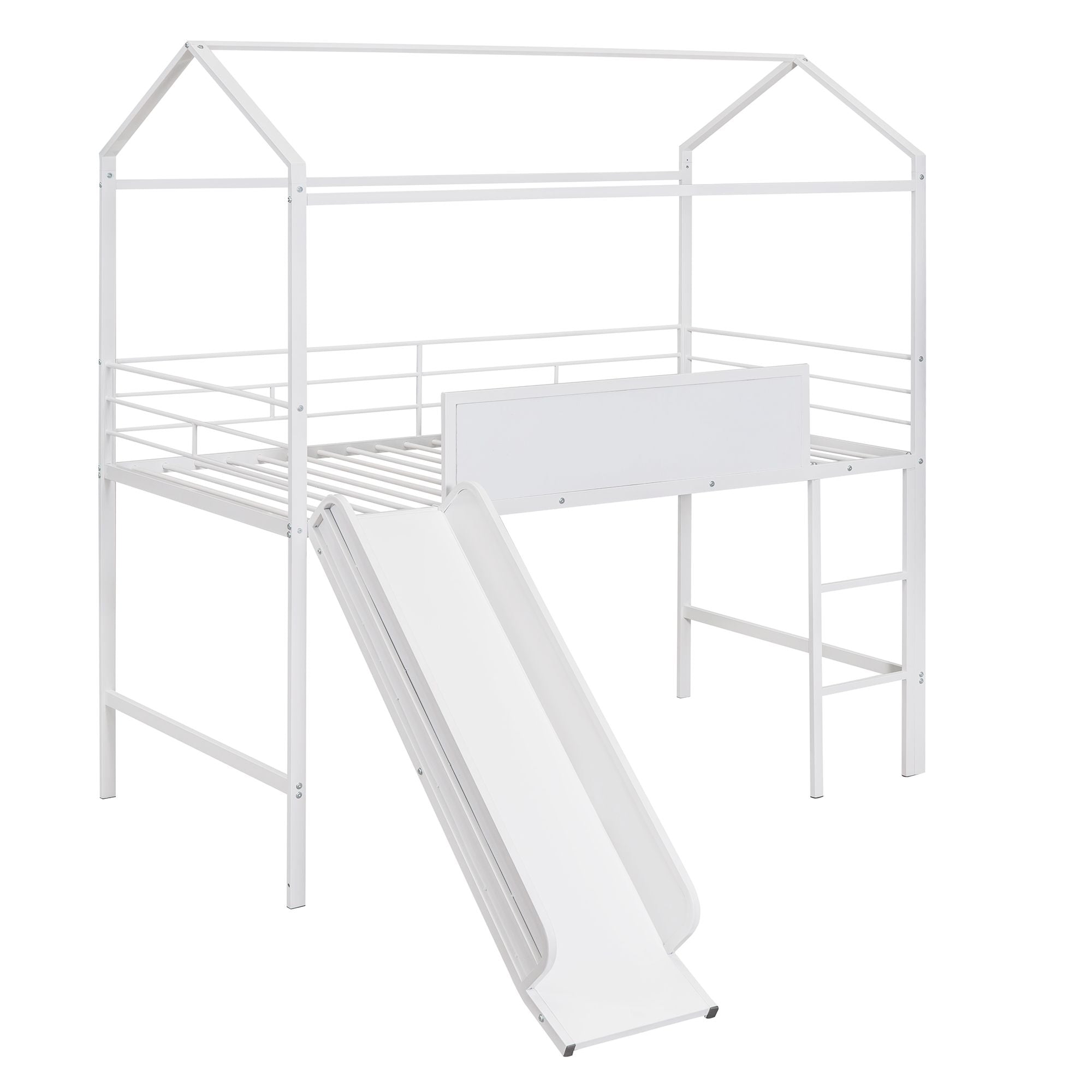 Metal House Bed With Slide; Twin Size Metal Loft Bed with Two-sided writable Wooden Board