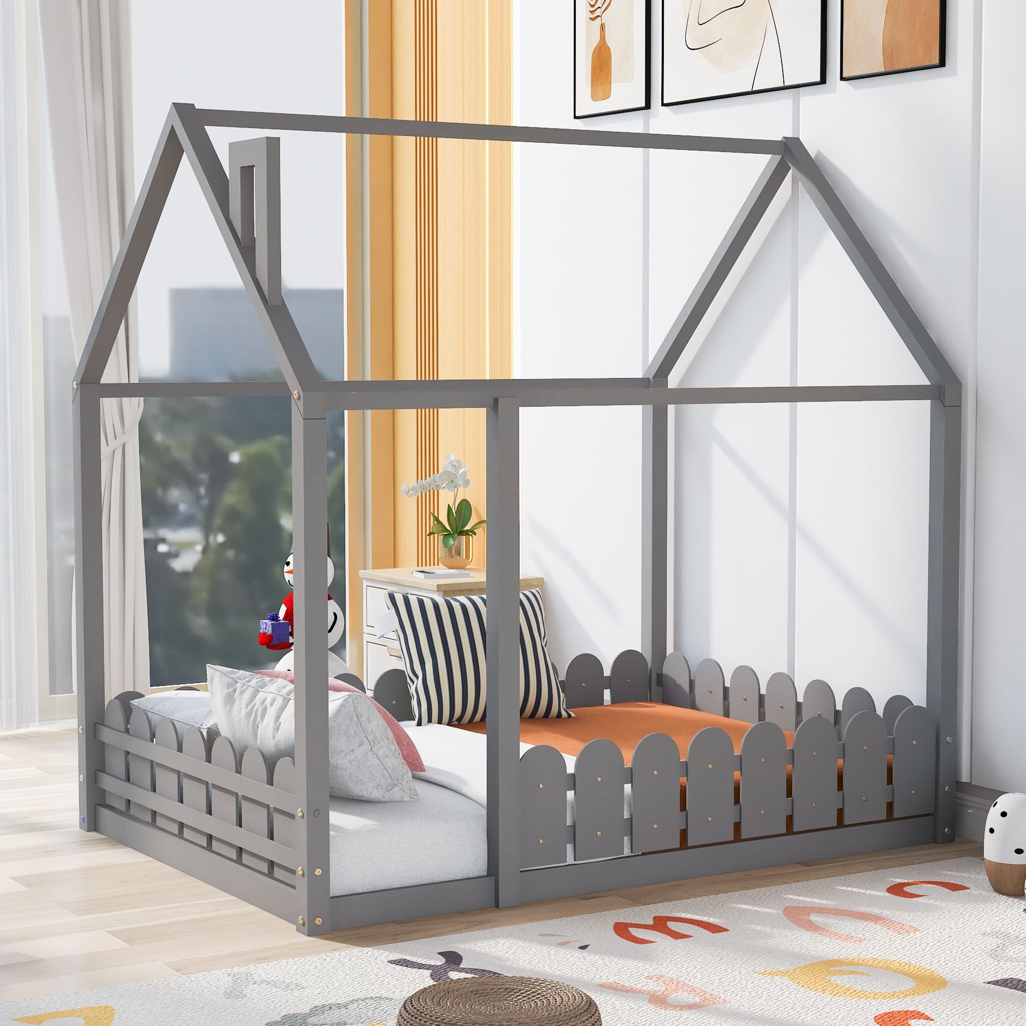 (Slats are not included) Full Size Wood Bed House Bed Frame with Fence; for Kids; Teens; Girls; Boys