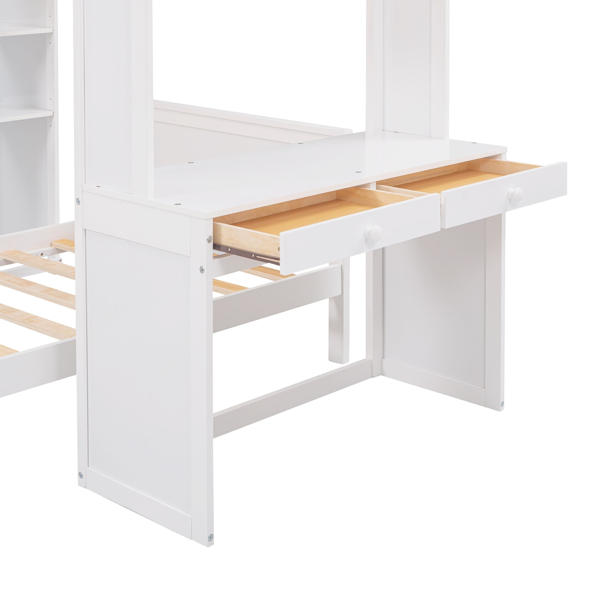 Twin size Loft Bed with a Stand-alone bed; Shelves; Desk; and Wardrobe