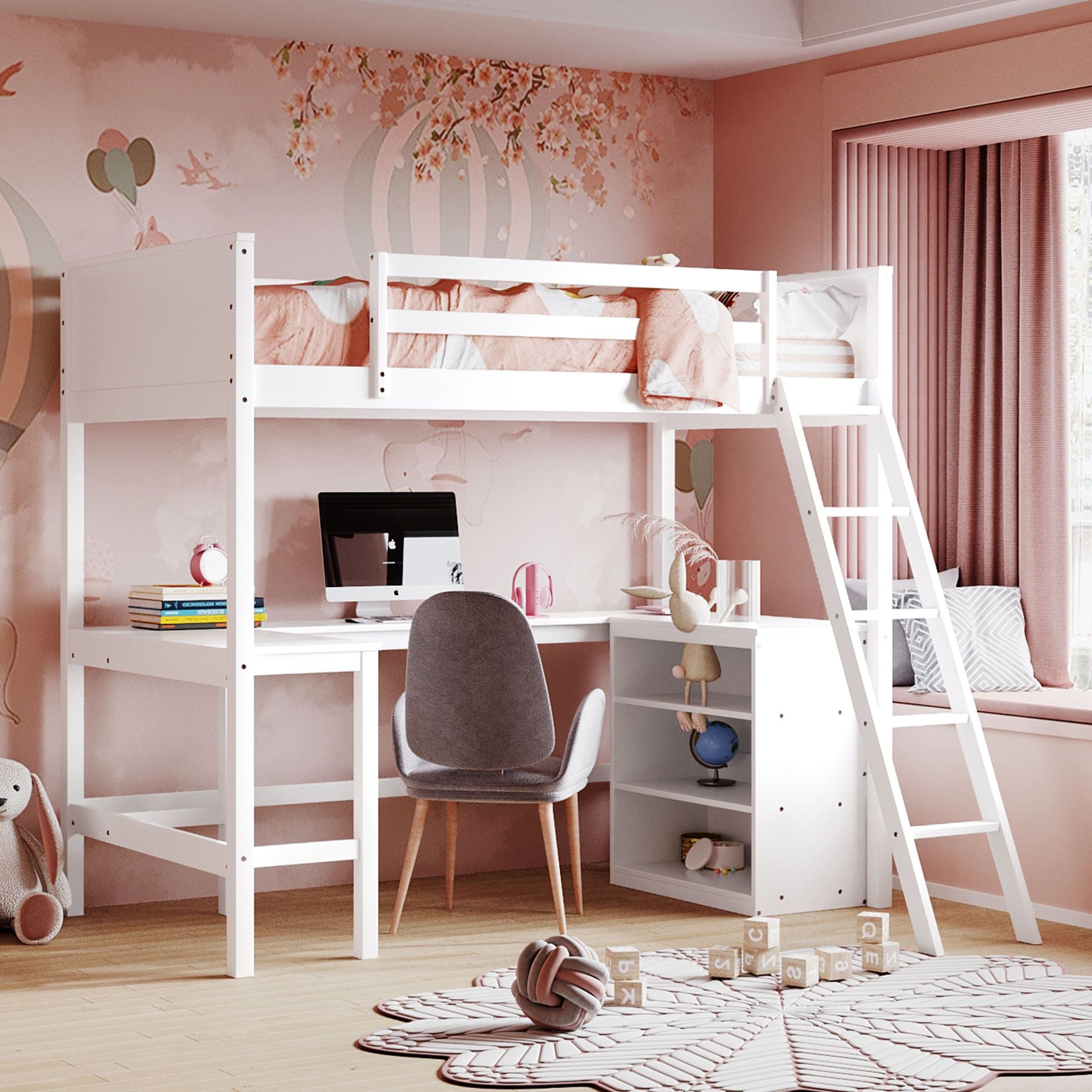 Twin size Loft Bed with Shelves and Desk; Wooden Loft Bed with Desk