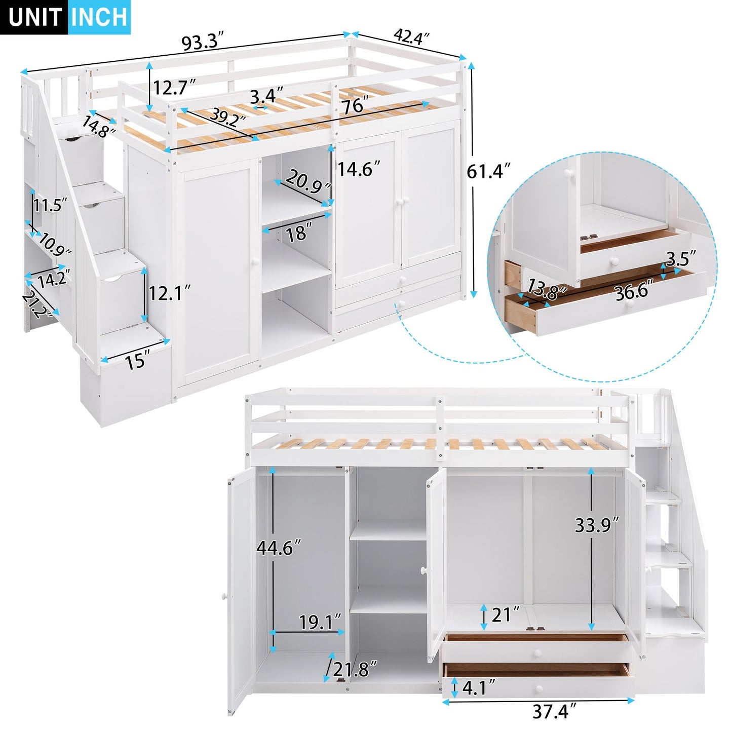 Functional Loft Bed with 3 Shelves; 2 Wardrobes and 2 Drawers; Ladder with Storage; No Box Spring Needed