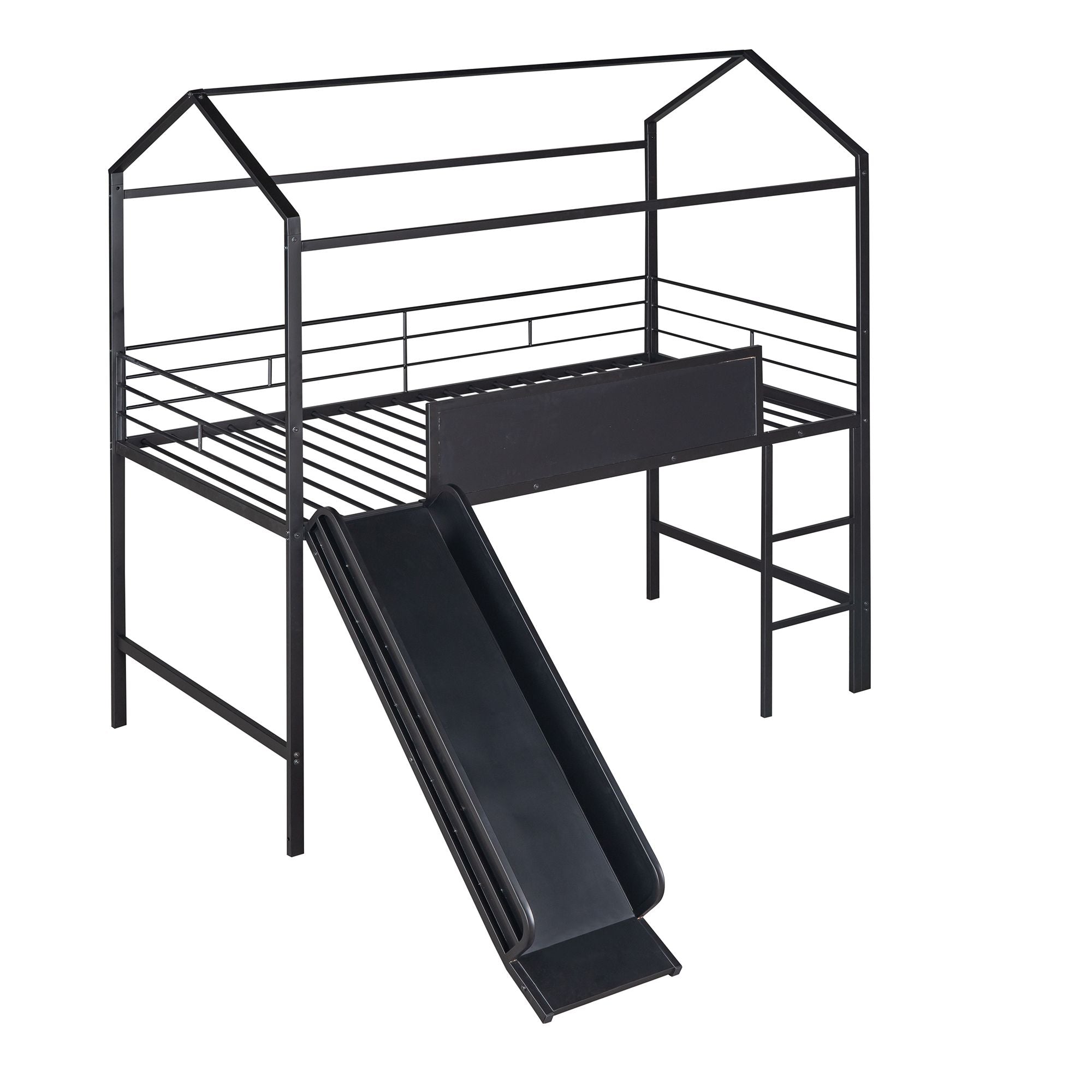 Metal House Bed With Slide; Twin Size Metal Loft Bed with Two-sided writable Wooden Board