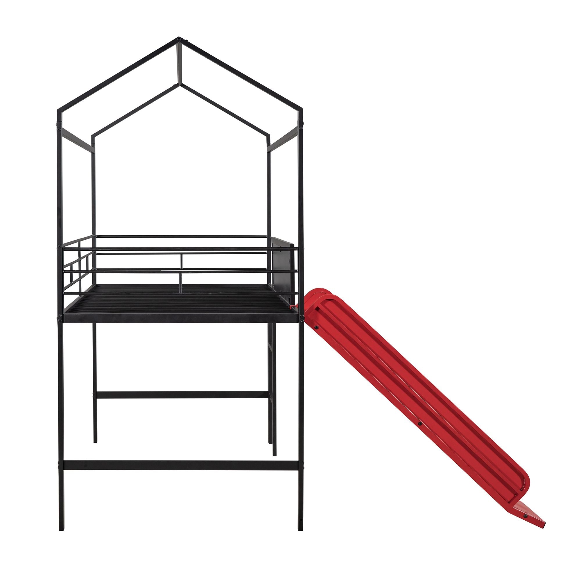 Metal House Bed With Slide; Twin Size Metal Loft Bed with Two-sided writable Wooden Board