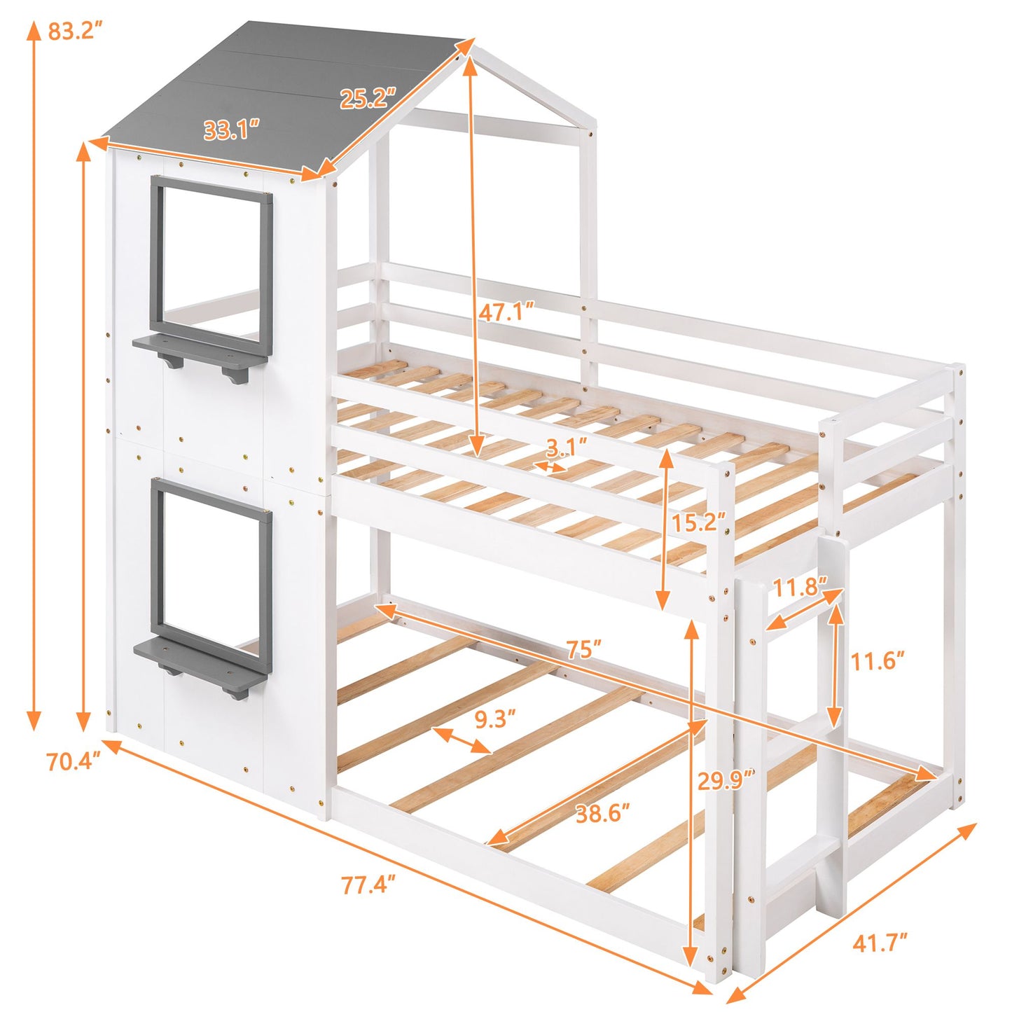 Twin Over Twin Bunk Bed Wood Bed with Roof; Window; Guardrail; Ladder