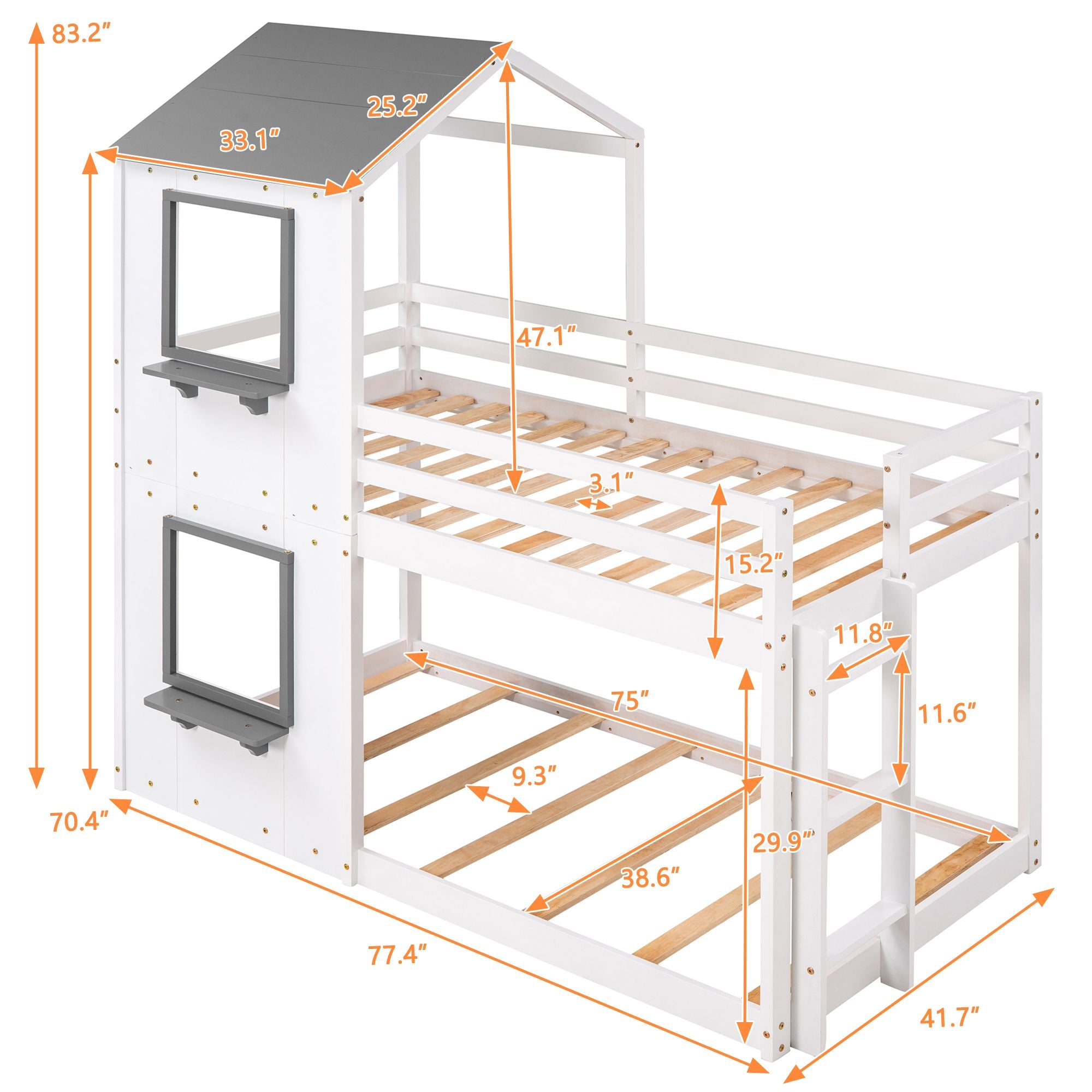 Twin Over Twin Bunk Bed Wood Bed with Roof; Window; Guardrail; Ladder