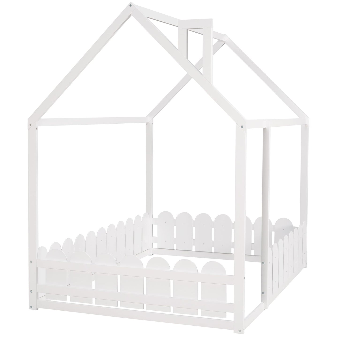 (Slats are not included) Full Size Wood Bed House Bed Frame with Fence; for Kids; Teens; Girls; Boys