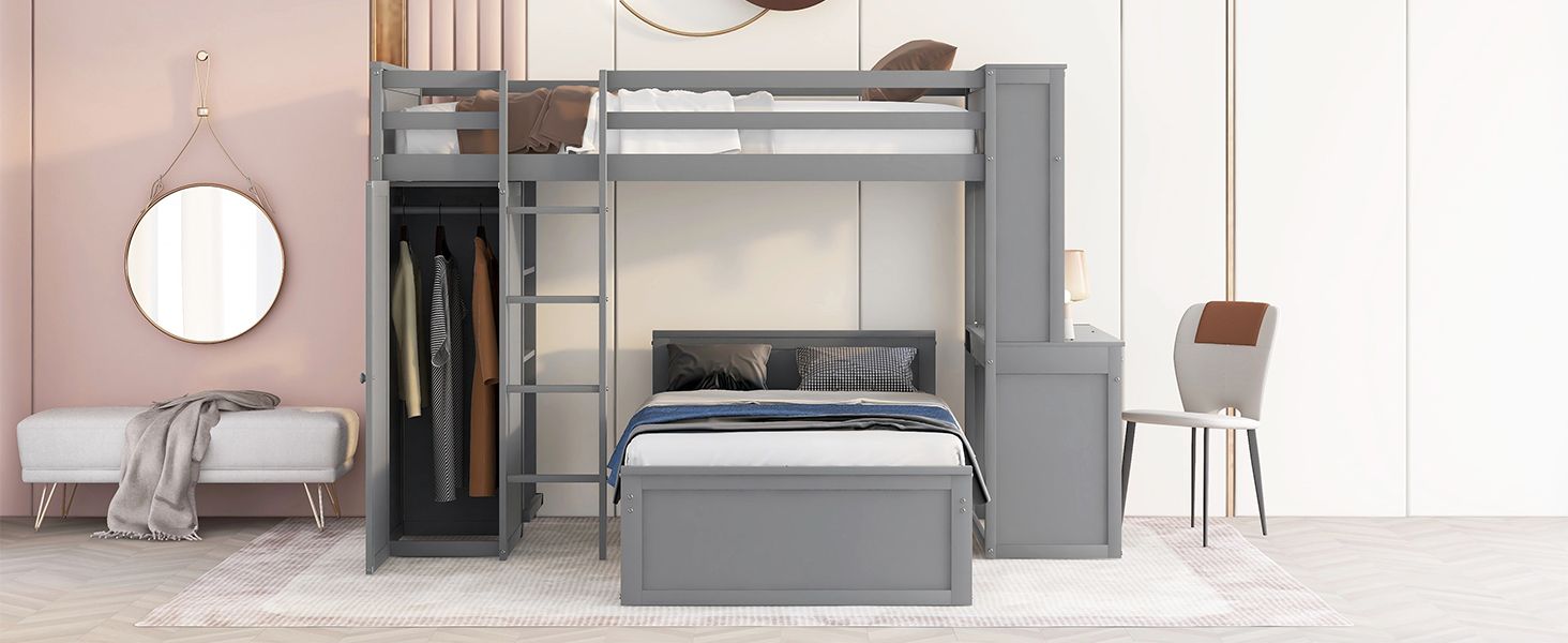 Twin size Loft Bed with a Stand-alone bed; Shelves; Desk; and Wardrobe