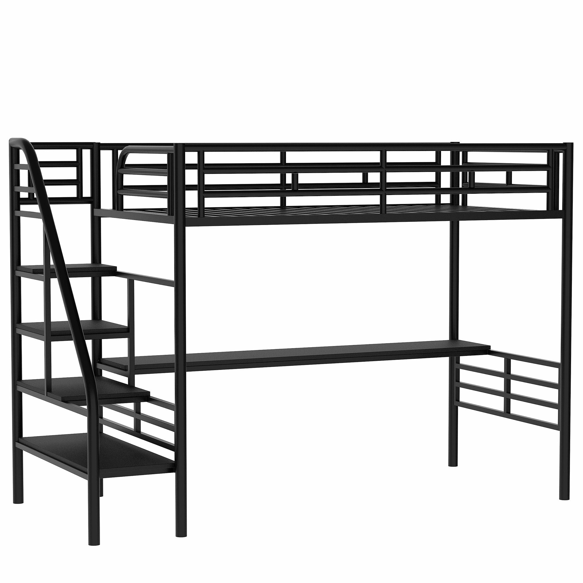 Metal Loft Bed Frame with Desk; No Box Spring Needed; Twin
