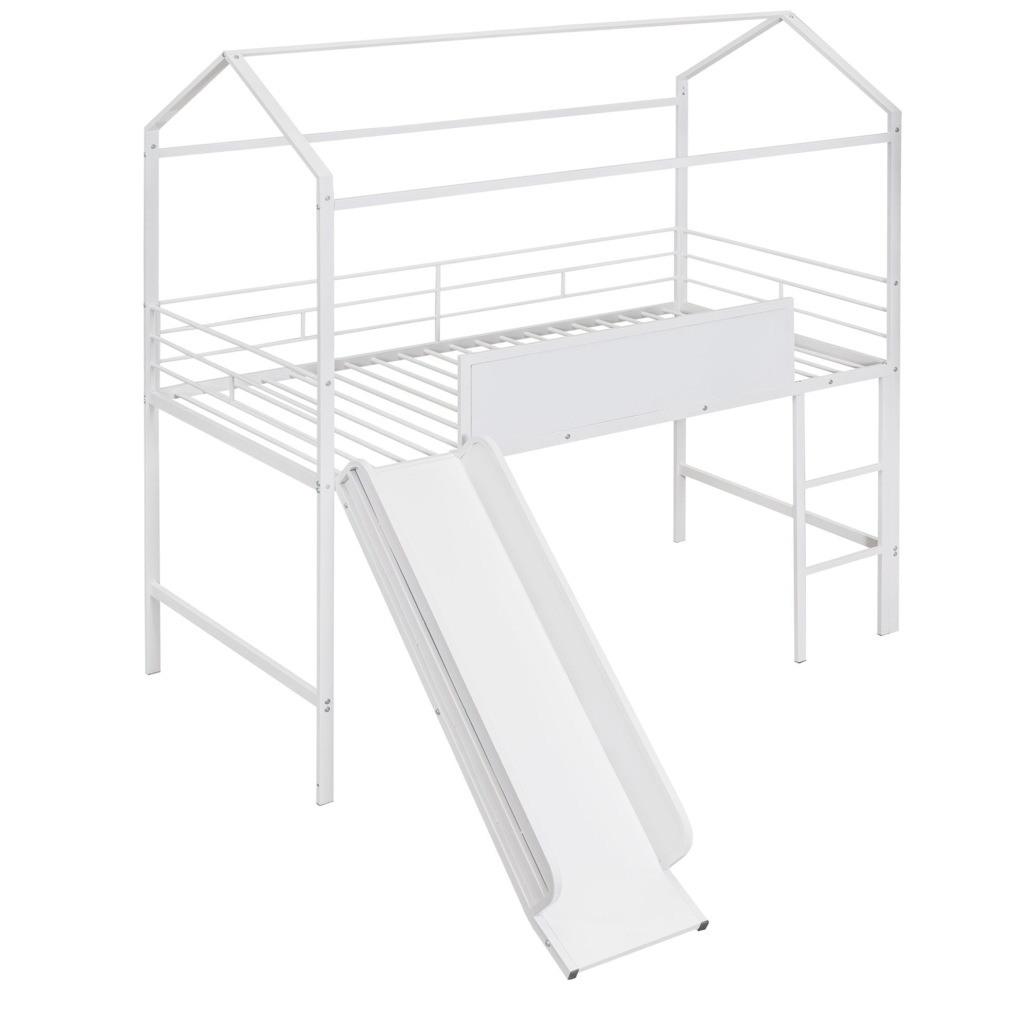 Metal House Bed With Slide; Twin Size Metal Loft Bed with Two-sided writable Wooden Board