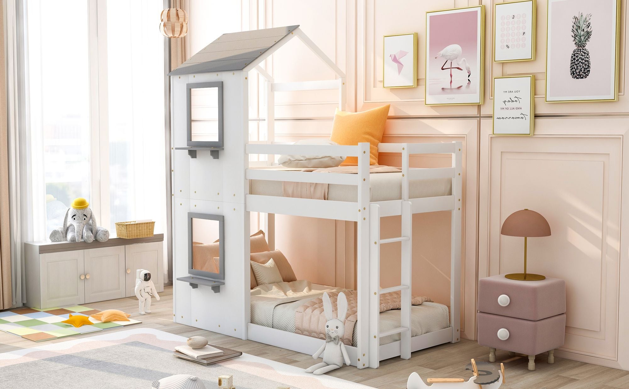 Twin Over Twin Bunk Bed Wood Bed with Roof; Window; Guardrail; Ladder