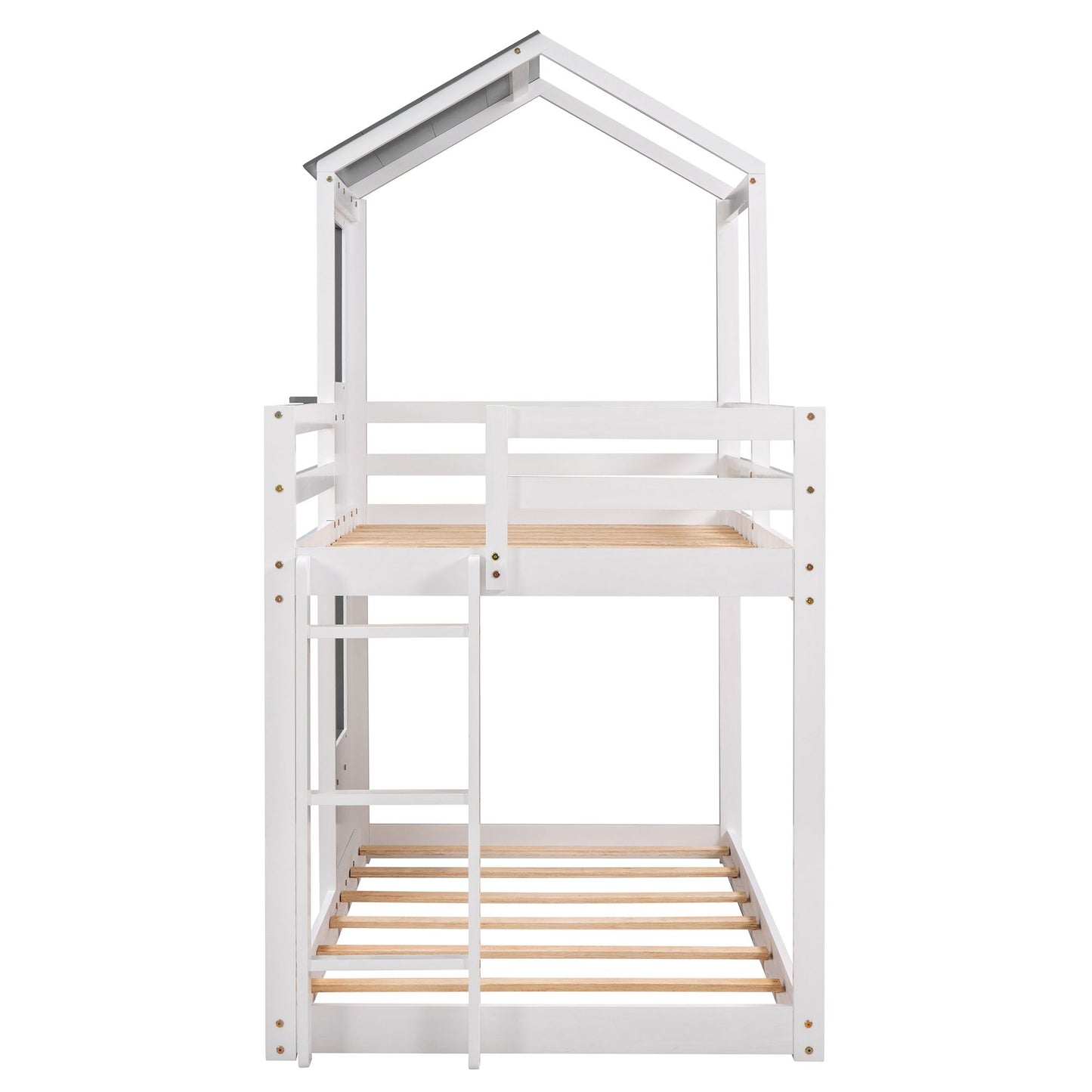 Twin Over Twin Bunk Bed Wood Bed with Roof; Window; Guardrail; Ladder