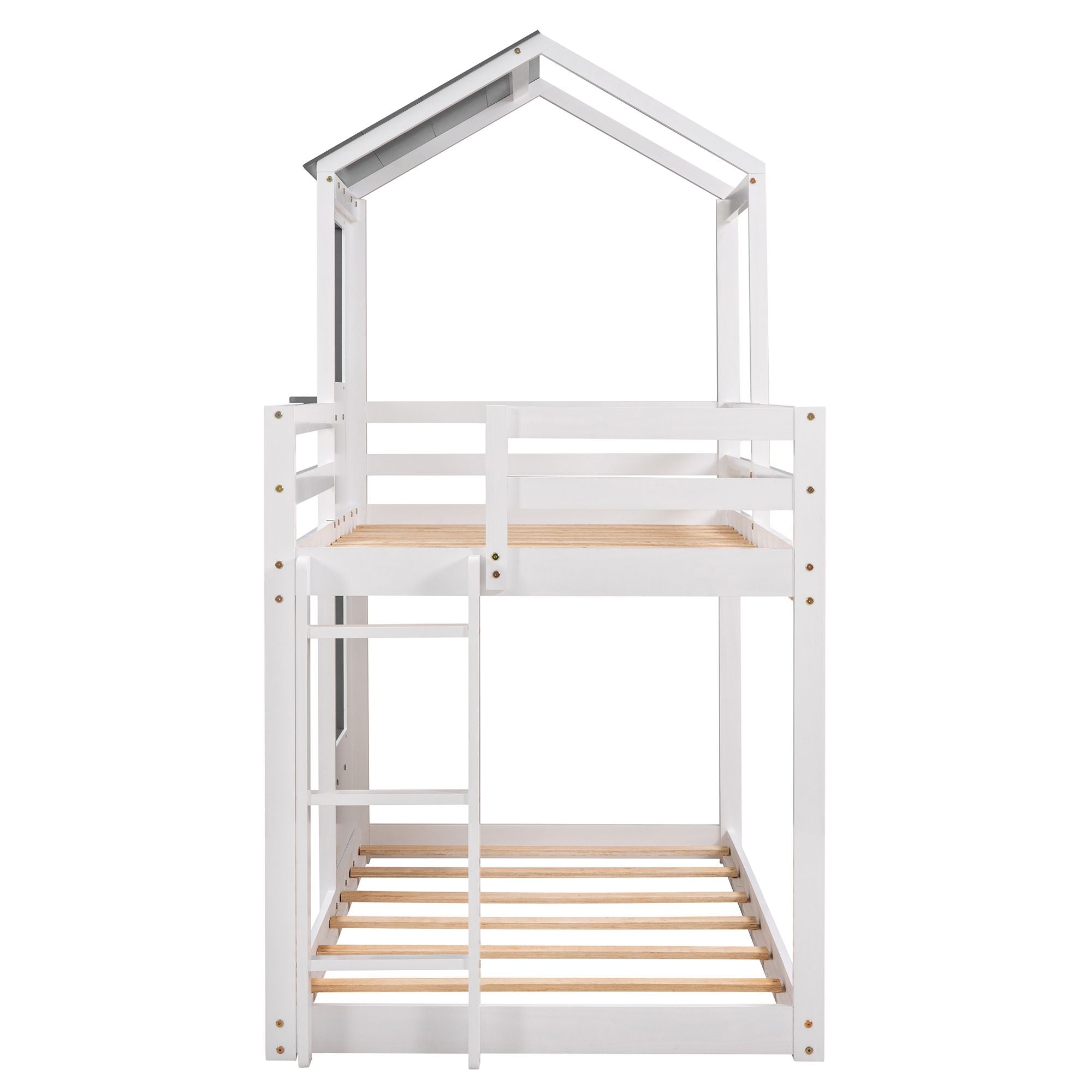 Twin Over Twin Bunk Bed Wood Bed with Roof; Window; Guardrail; Ladder