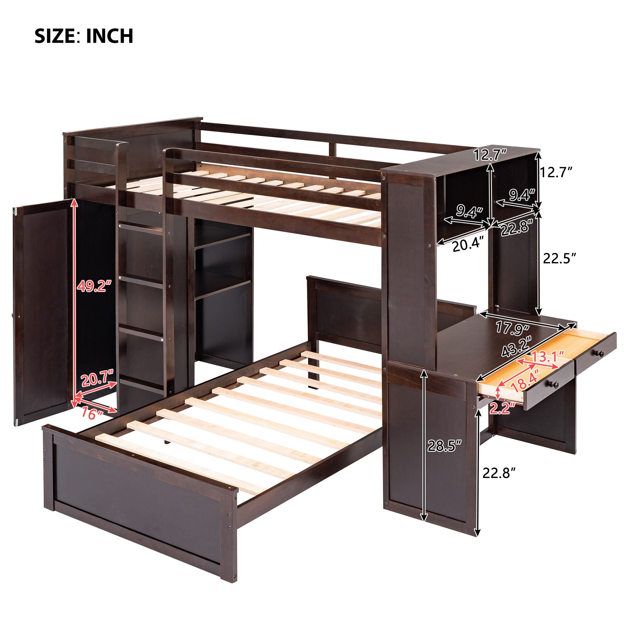 Twin size Loft Bed with a Stand-alone bed; Shelves; Desk; and Wardrobe