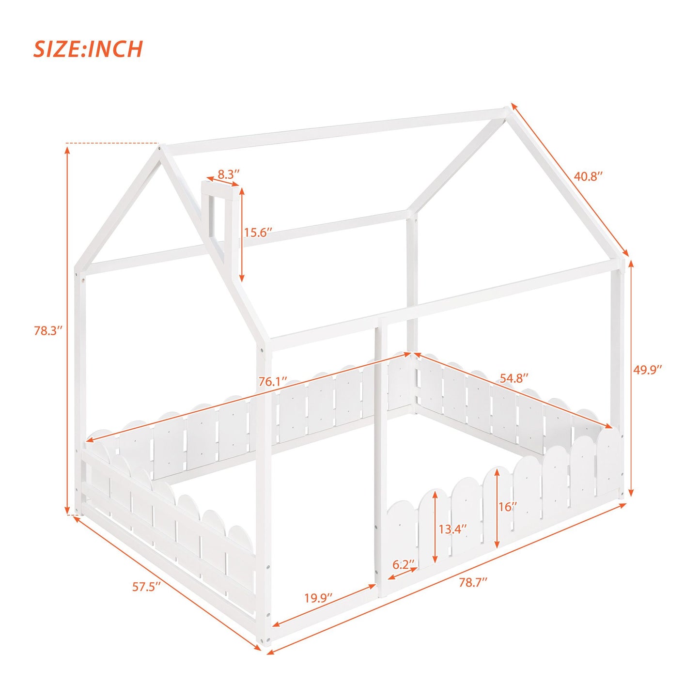 (Slats are not included) Full Size Wood Bed House Bed Frame with Fence; for Kids; Teens; Girls; Boys