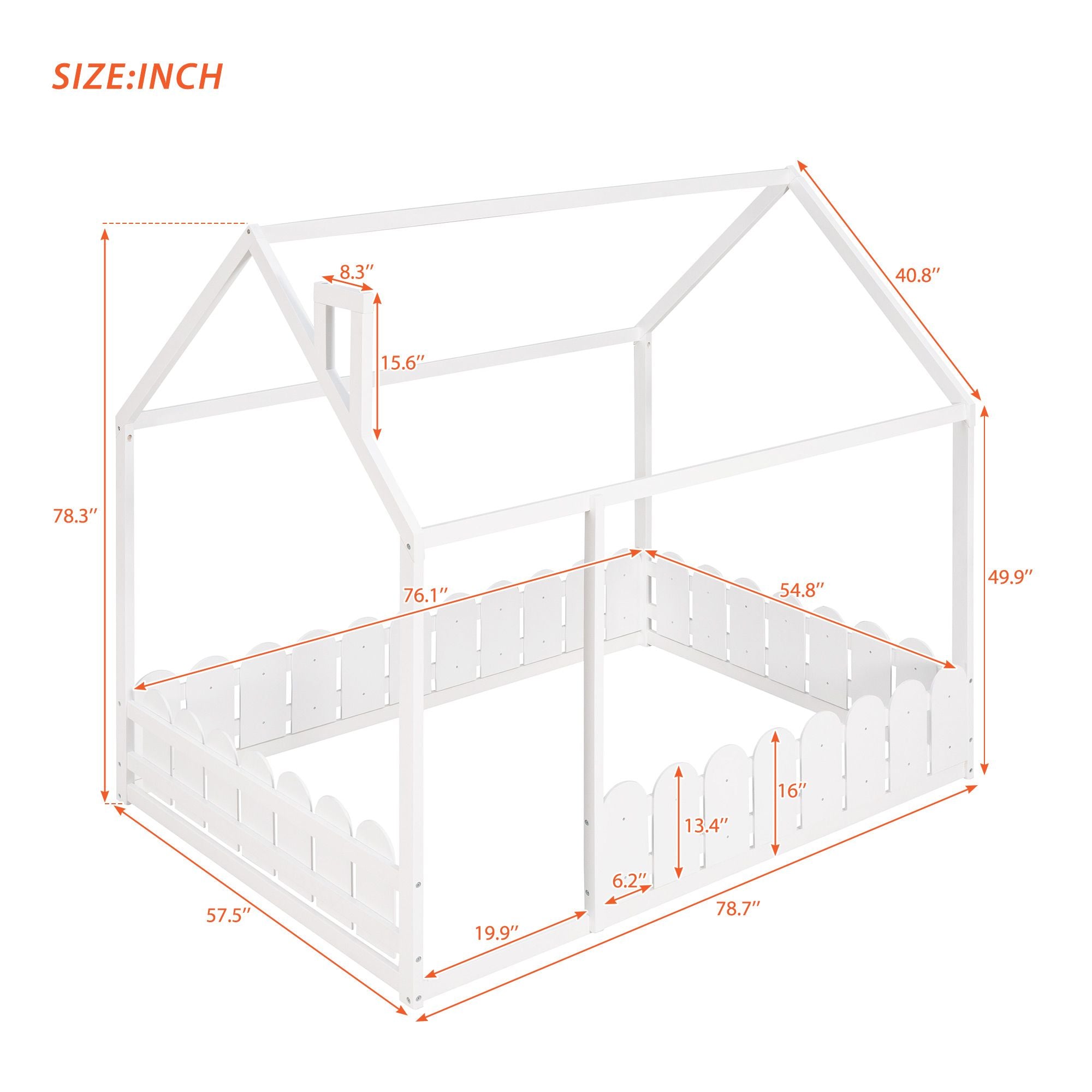 (Slats are not included) Full Size Wood Bed House Bed Frame with Fence; for Kids; Teens; Girls; Boys