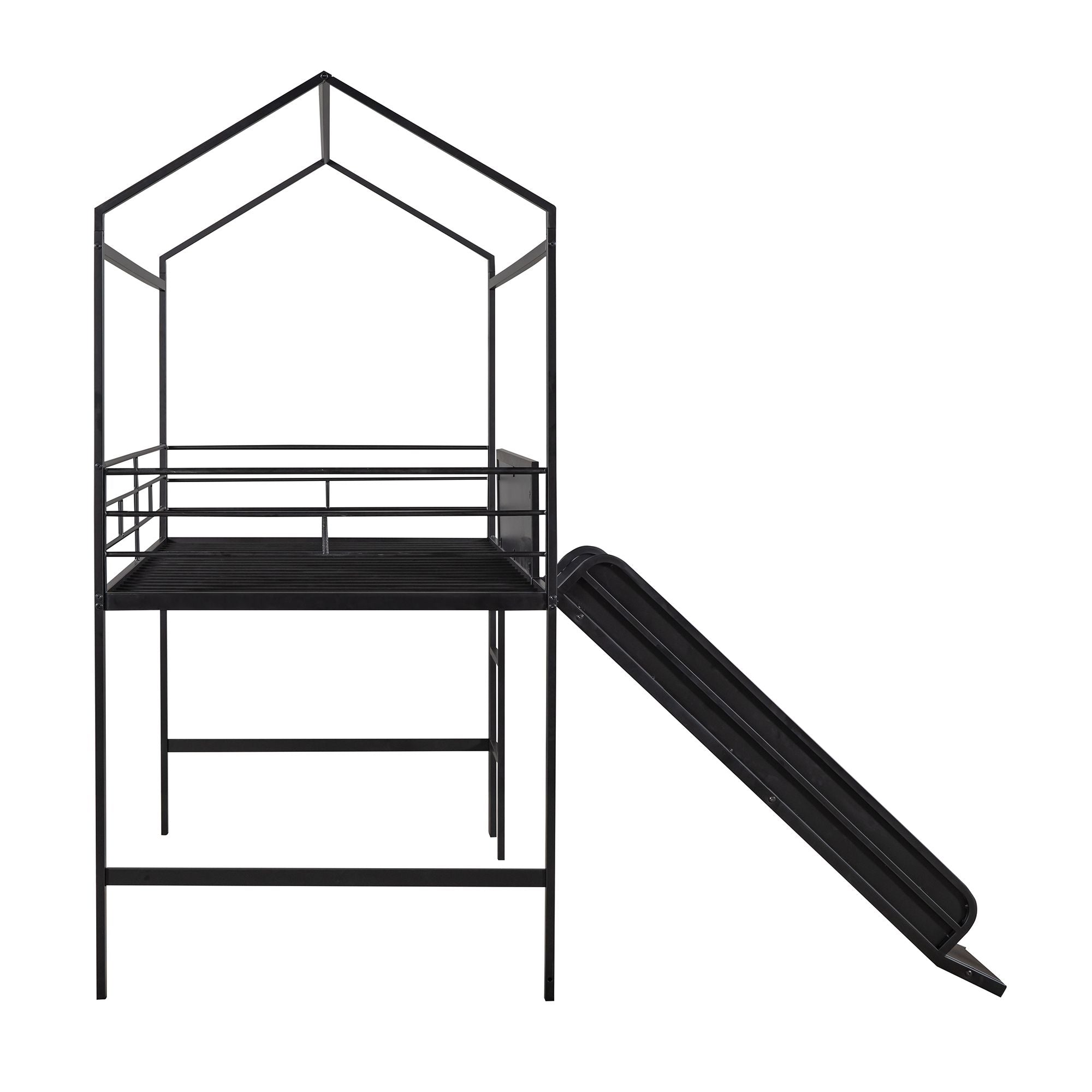 Metal House Bed With Slide; Twin Size Metal Loft Bed with Two-sided writable Wooden Board
