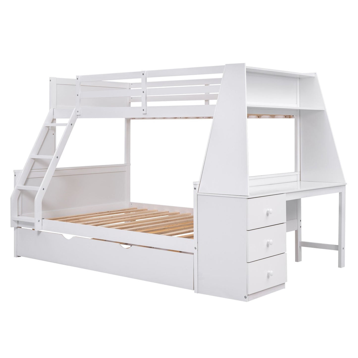Twin over Full Bunk Bed with Trundle and Built-in Desk; Three Storage Drawers and Shelf