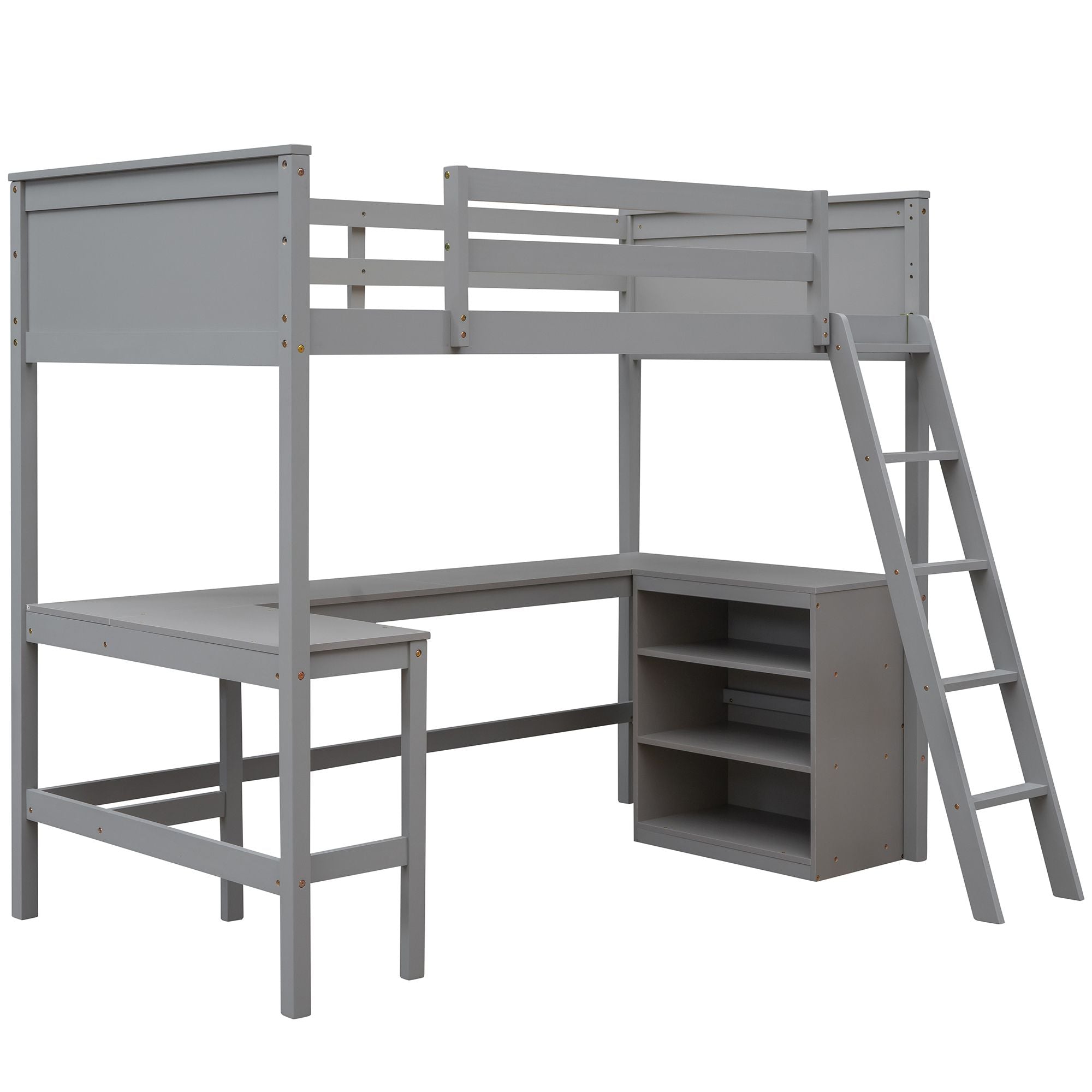 Twin size Loft Bed with Shelves and Desk; Wooden Loft Bed with Desk