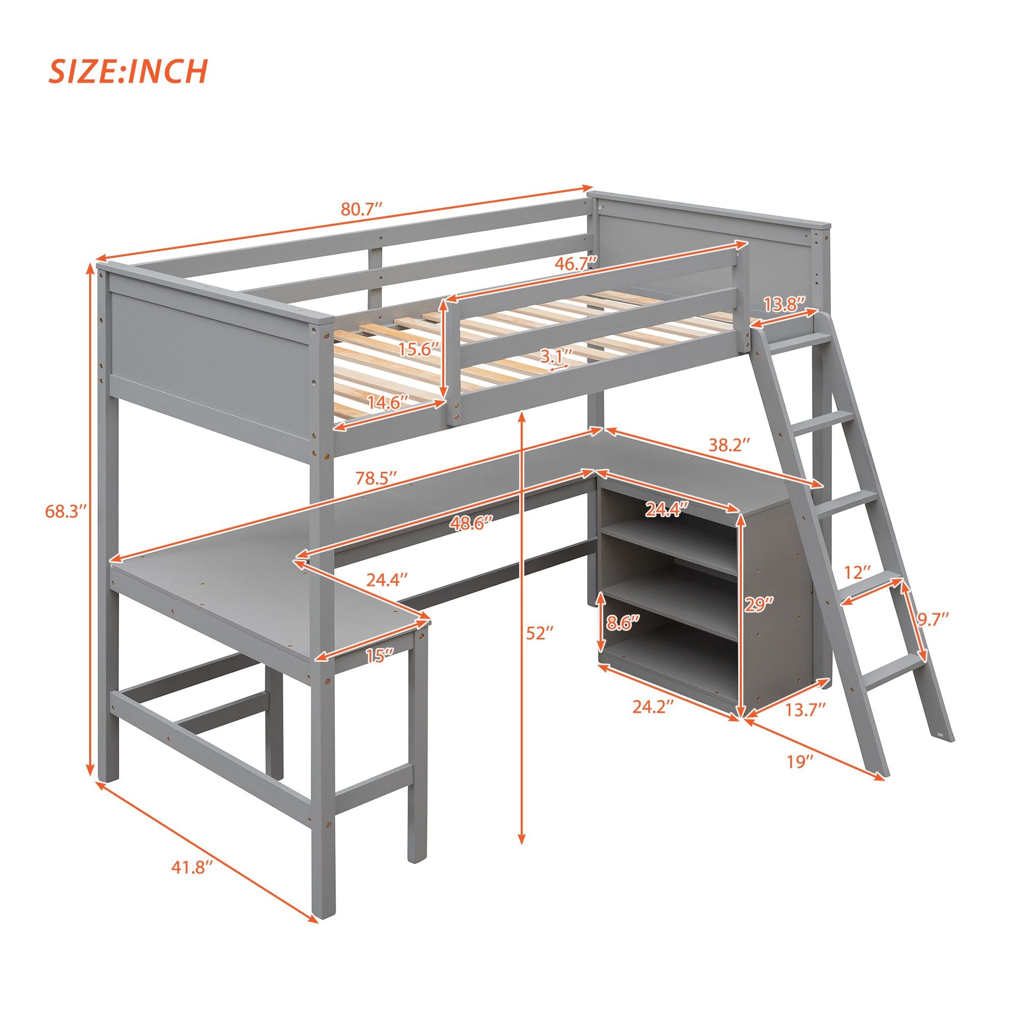 Twin size Loft Bed with Shelves and Desk; Wooden Loft Bed with Desk