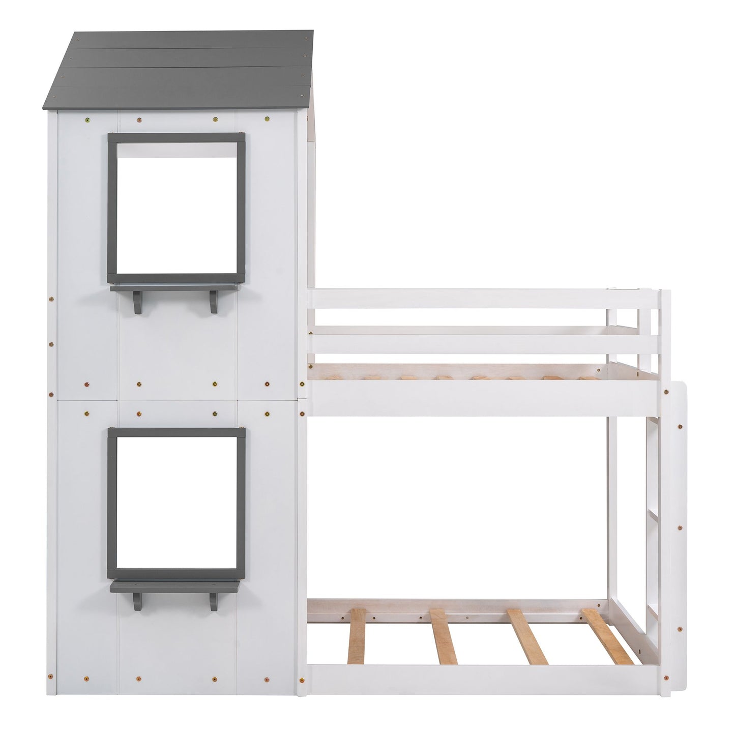 Twin Over Twin Bunk Bed Wood Bed with Roof; Window; Guardrail; Ladder