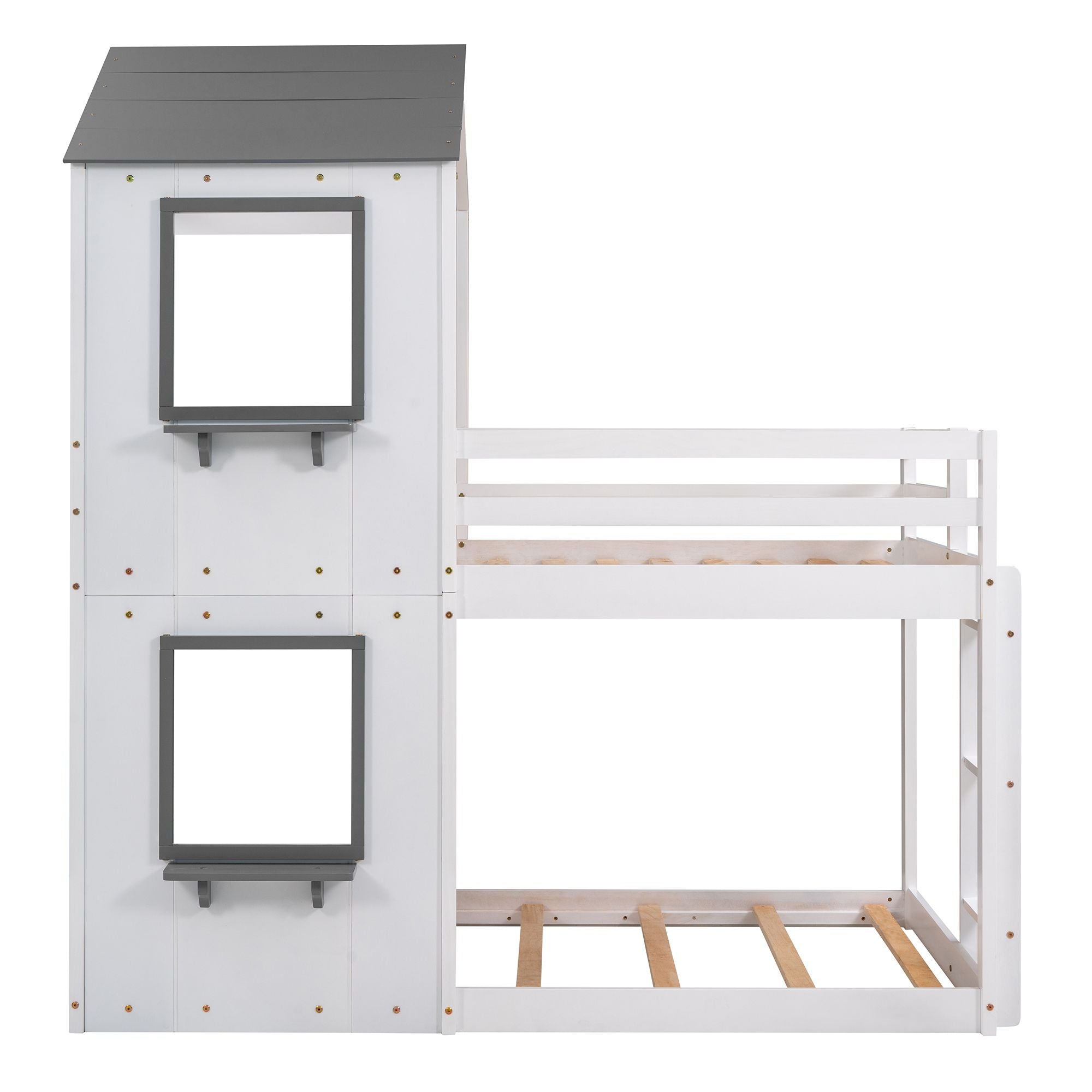 Twin Over Twin Bunk Bed Wood Bed with Roof; Window; Guardrail; Ladder
