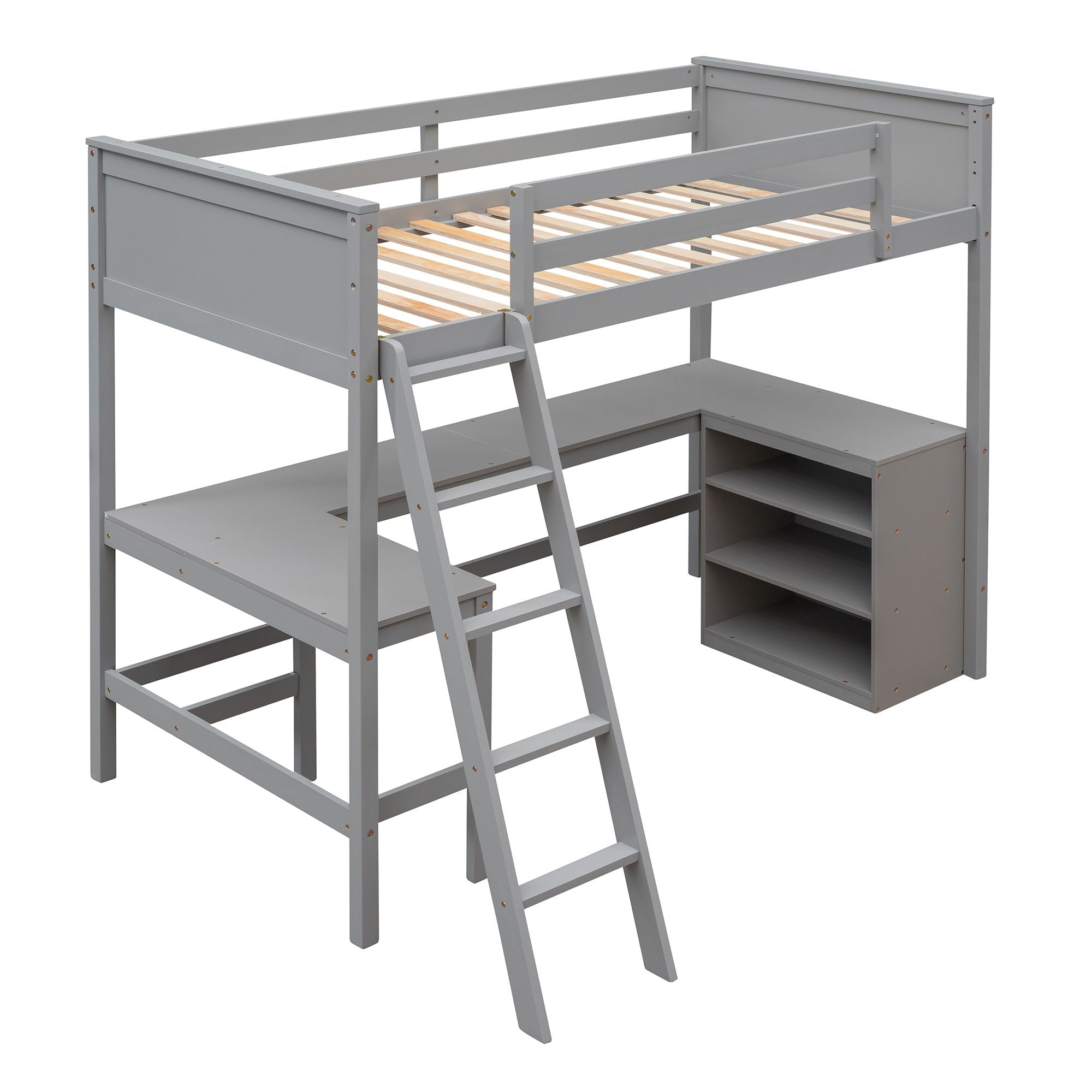 Twin size Loft Bed with Shelves and Desk; Wooden Loft Bed with Desk