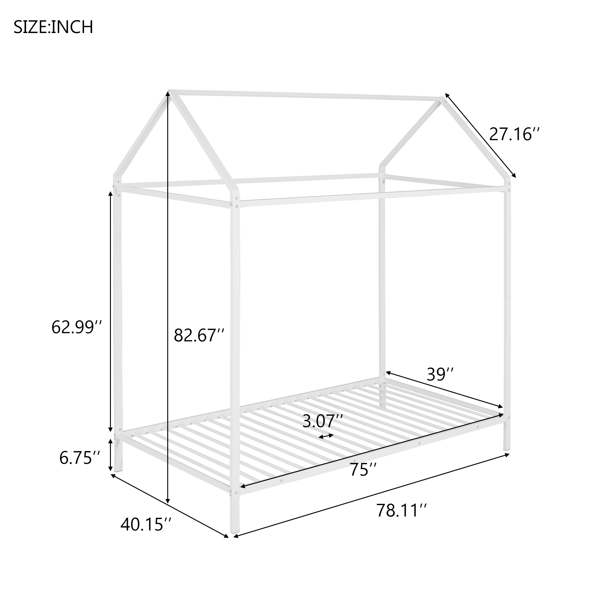 House Bed Frame Twin Size ; Kids Bed Frame Metal Platform Bed Floor Bed for Kids Boys Girls No Box Spring Needed