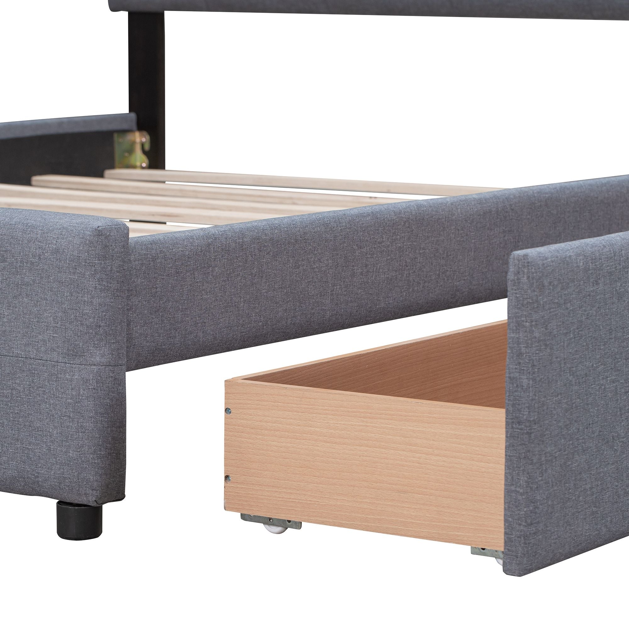 Upholstered Platform Bed with Classic Headboard and 4 Drawers; No Box Spring Needed; Linen Fabric; Queen Size