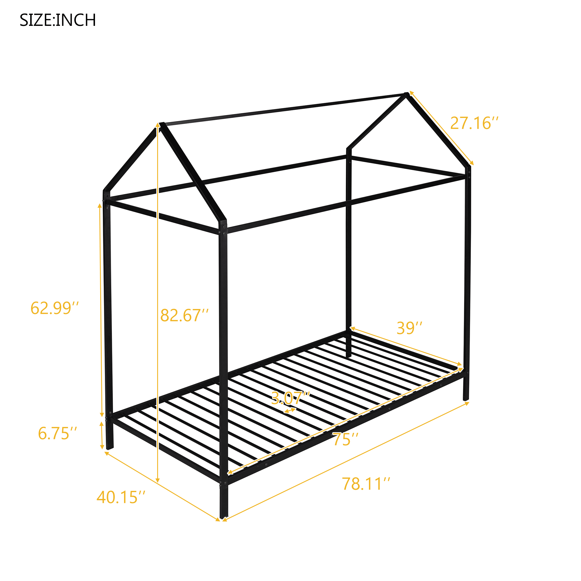 House Bed Frame Twin Size ; Kids Bed Frame Metal Platform Bed Floor Bed for Kids Boys Girls No Box Spring Needed