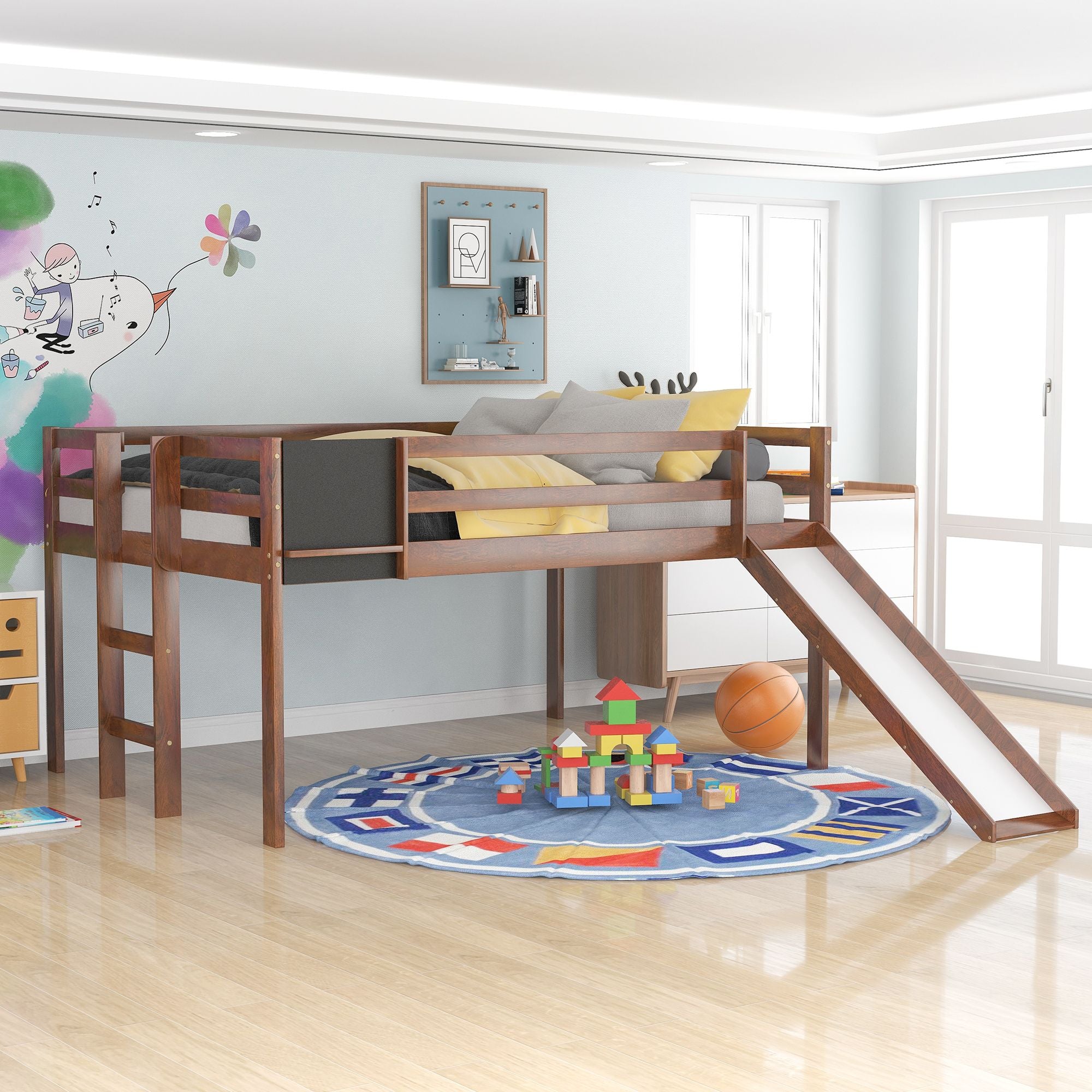 Full size Loft Bed Wood Bed with Slide; Stair and Chalkboard