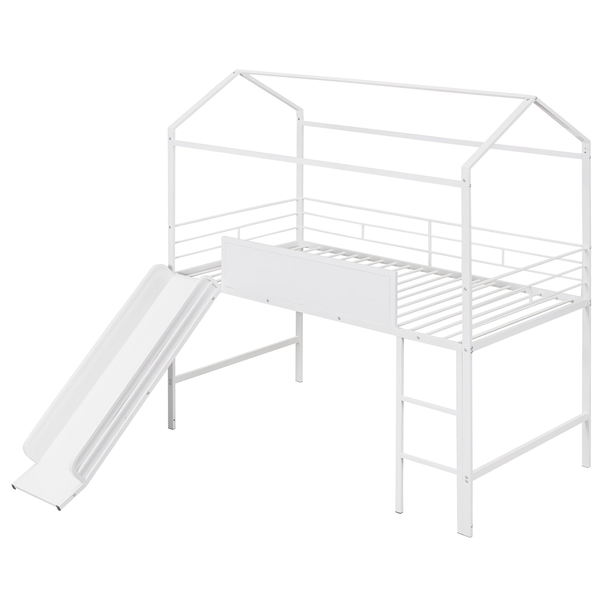 Metal House Bed With Slide; Twin Size Metal Loft Bed with Two-sided writable Wooden Board