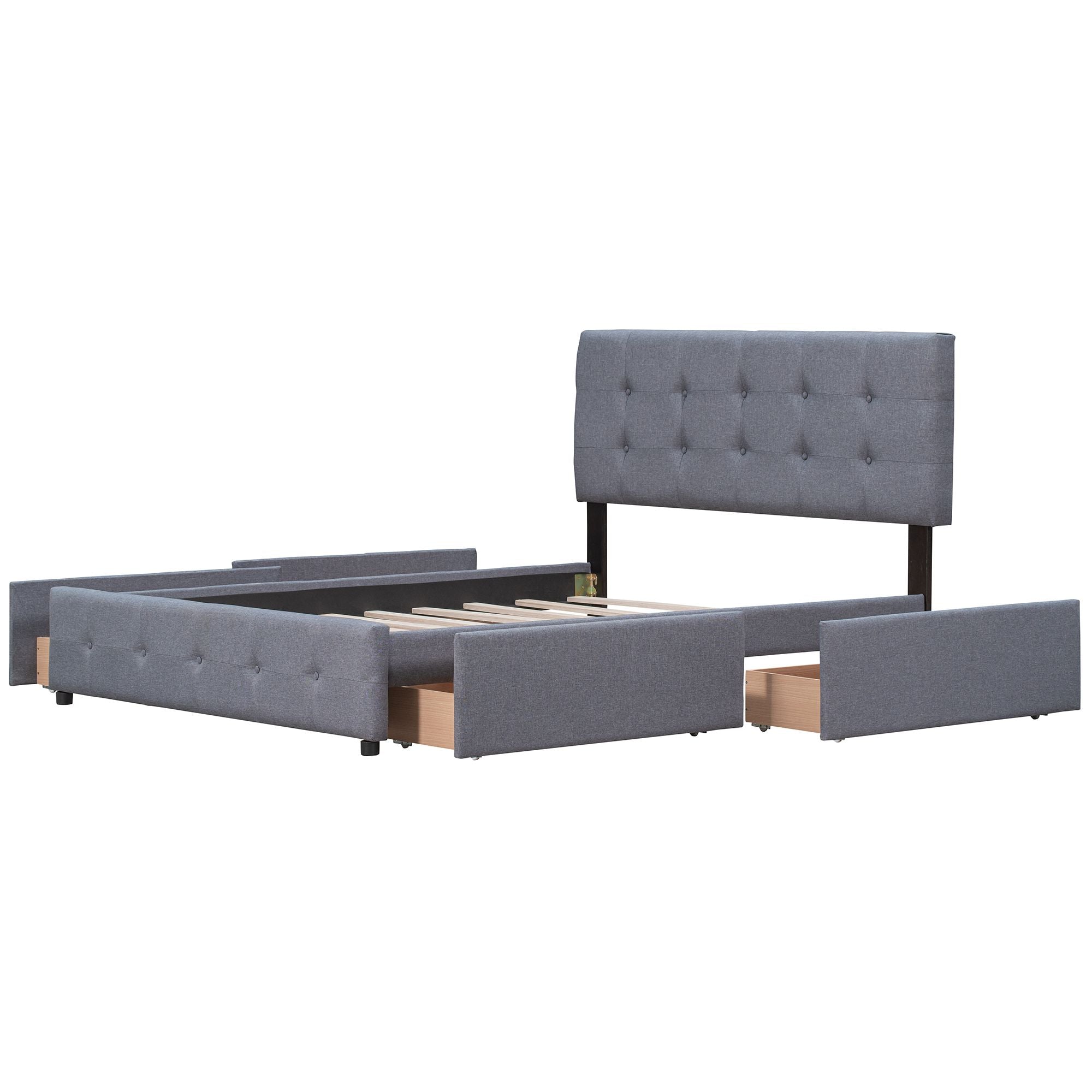 Upholstered Platform Bed with Classic Headboard and 4 Drawers; No Box Spring Needed; Linen Fabric; Queen Size