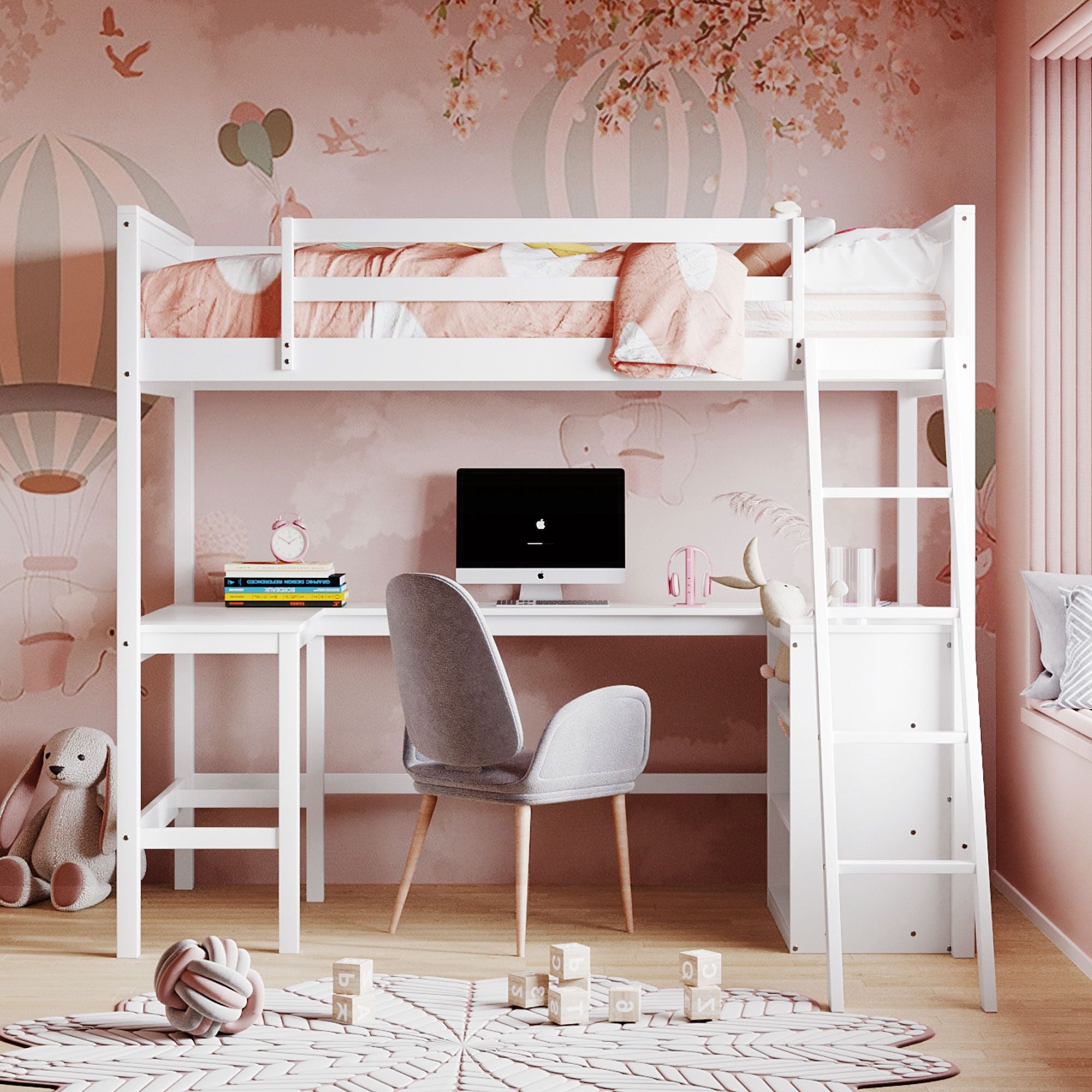 Twin size Loft Bed with Shelves and Desk; Wooden Loft Bed with Desk