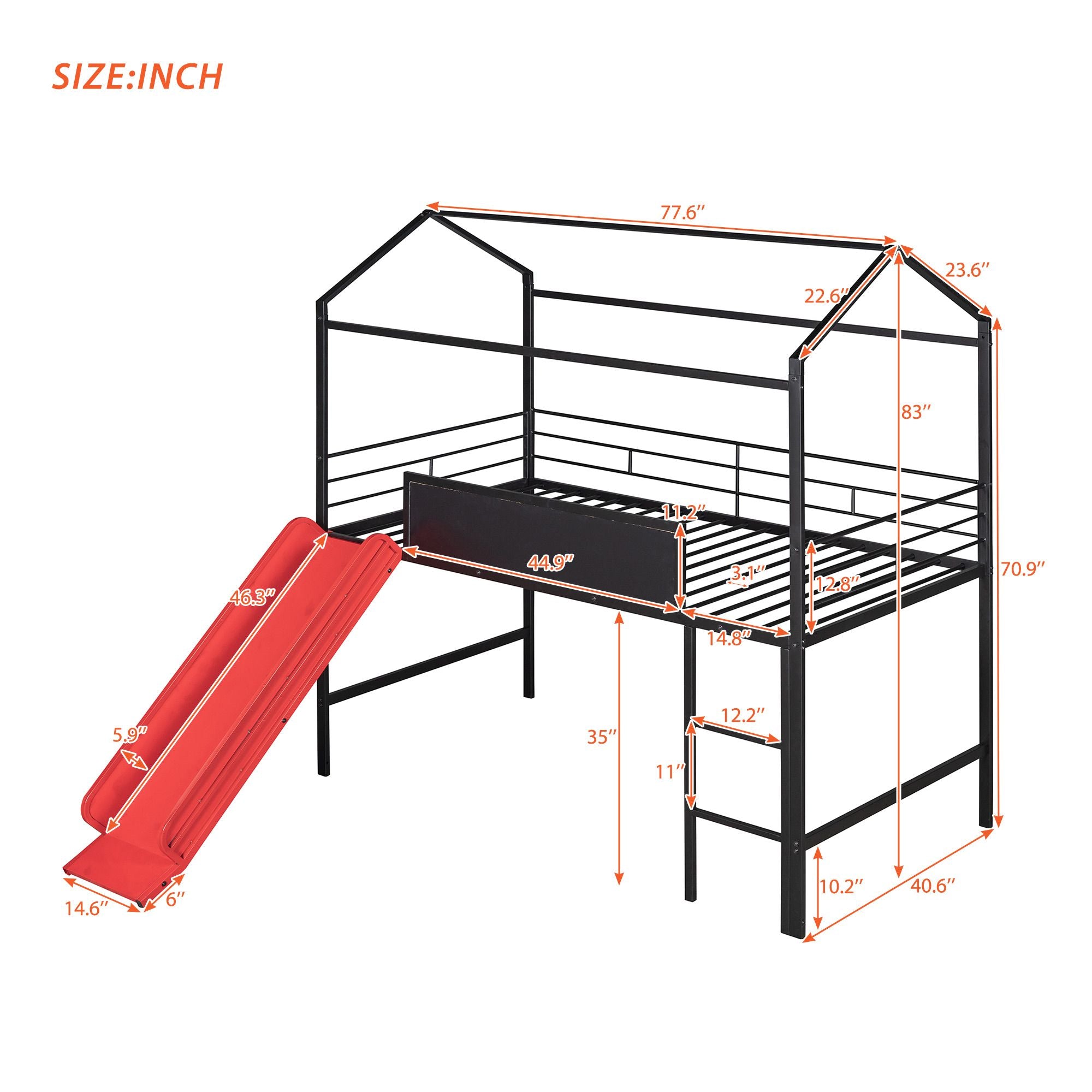 Metal House Bed With Slide; Twin Size Metal Loft Bed with Two-sided writable Wooden Board