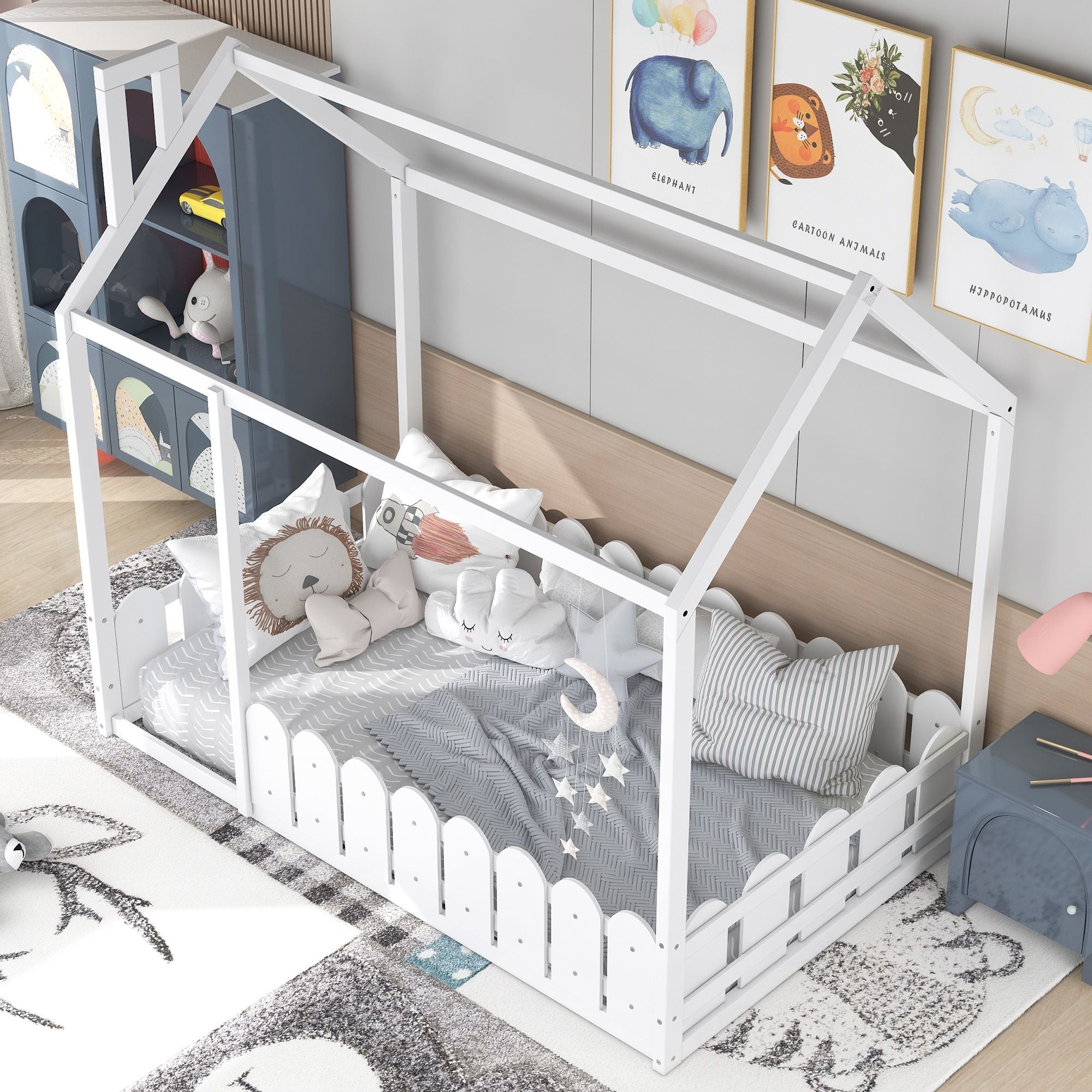 (Slats are not included) Twin Size Wood Bed House Bed Frame with Fence; for Kids; Teens; Girls; Boys