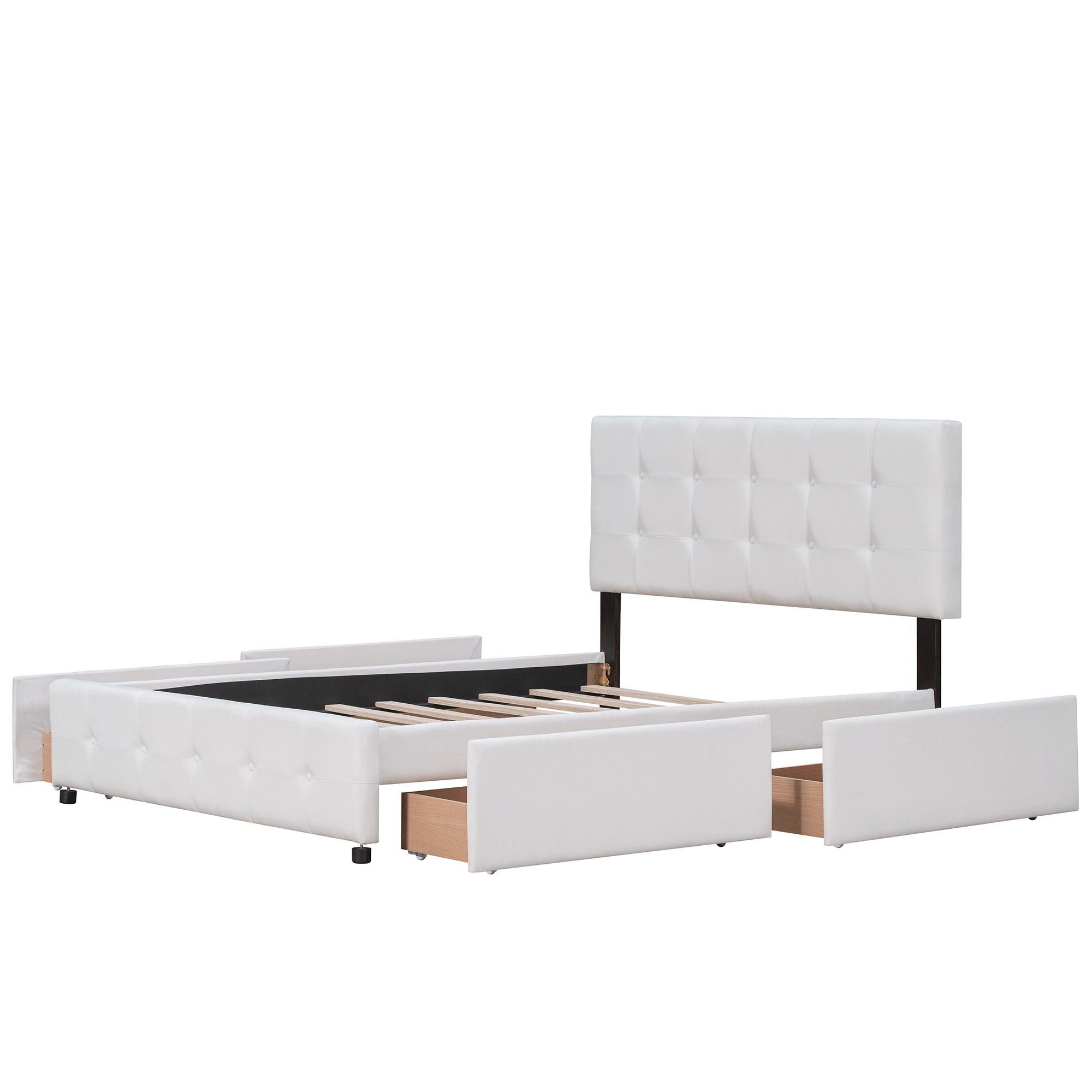 Upholstered Platform Bed with Classic Headboard and 4 Drawers; No Box Spring Needed; Linen Fabric; Queen Size