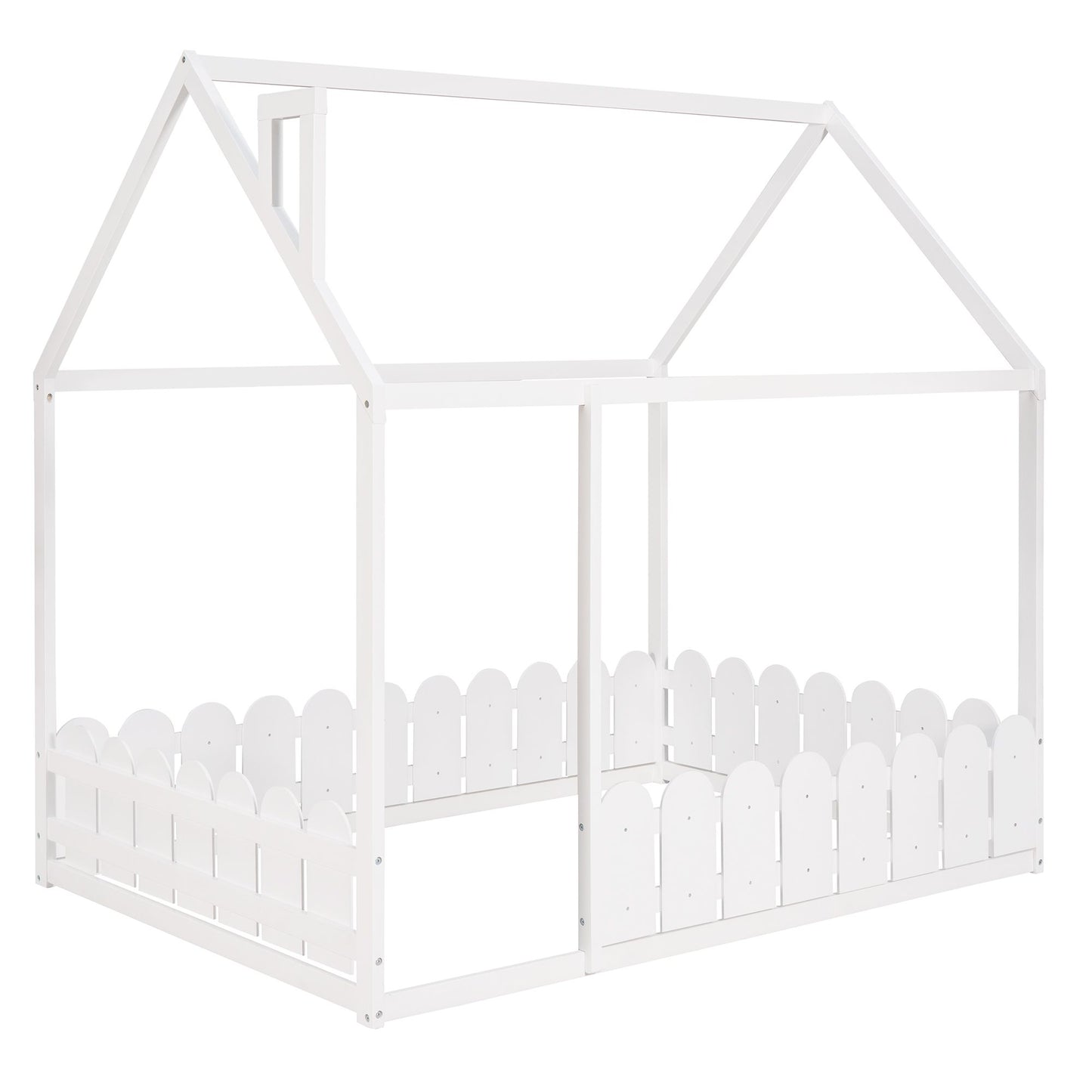 (Slats are not included) Full Size Wood Bed House Bed Frame with Fence; for Kids; Teens; Girls; Boys