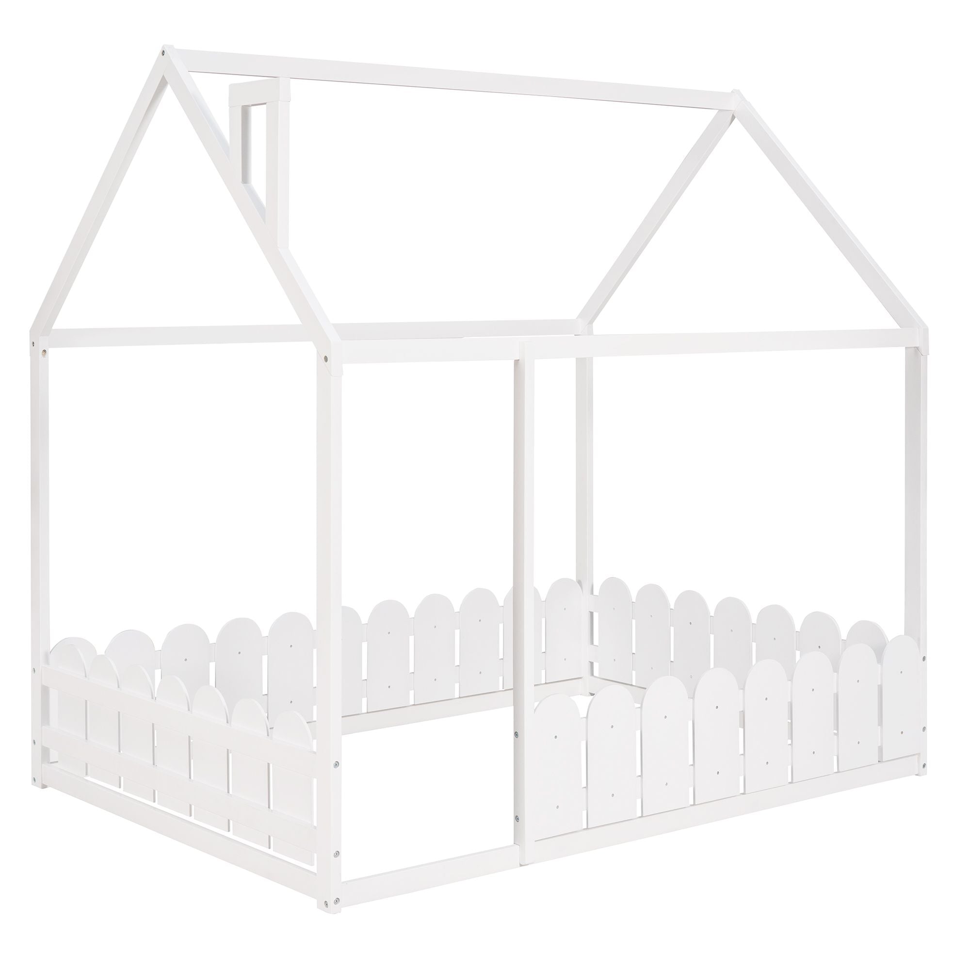 (Slats are not included) Full Size Wood Bed House Bed Frame with Fence; for Kids; Teens; Girls; Boys