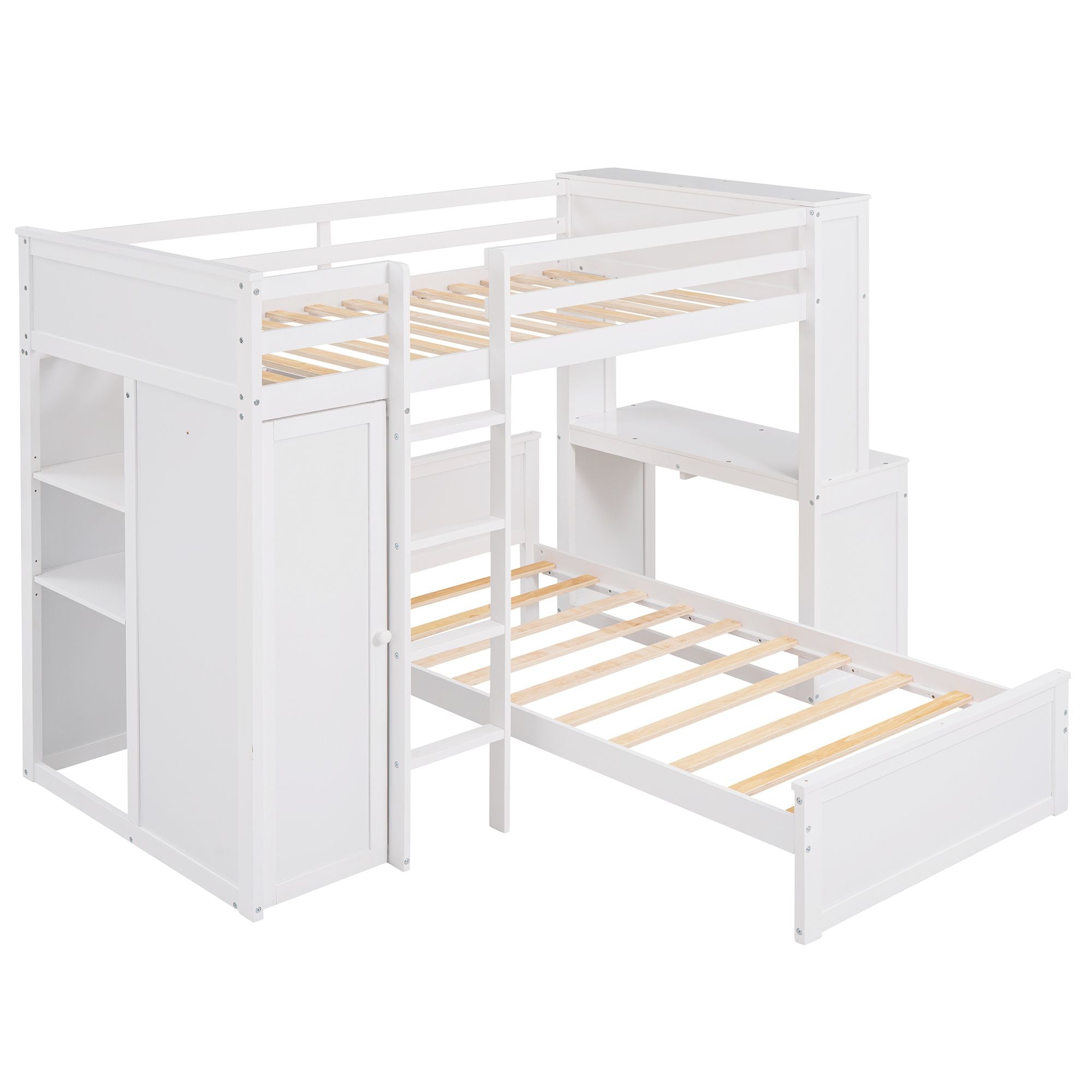 Twin size Loft Bed with a Stand-alone bed; Shelves; Desk; and Wardrobe