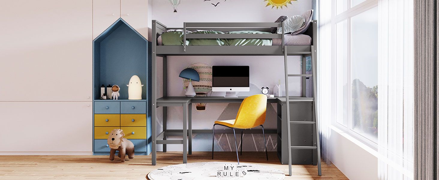 Twin size Loft Bed with Shelves and Desk; Wooden Loft Bed with Desk