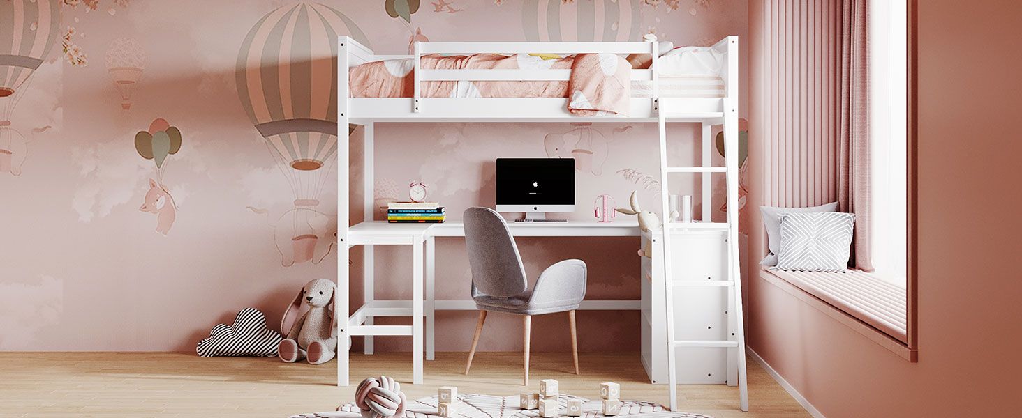 Twin size Loft Bed with Shelves and Desk; Wooden Loft Bed with Desk