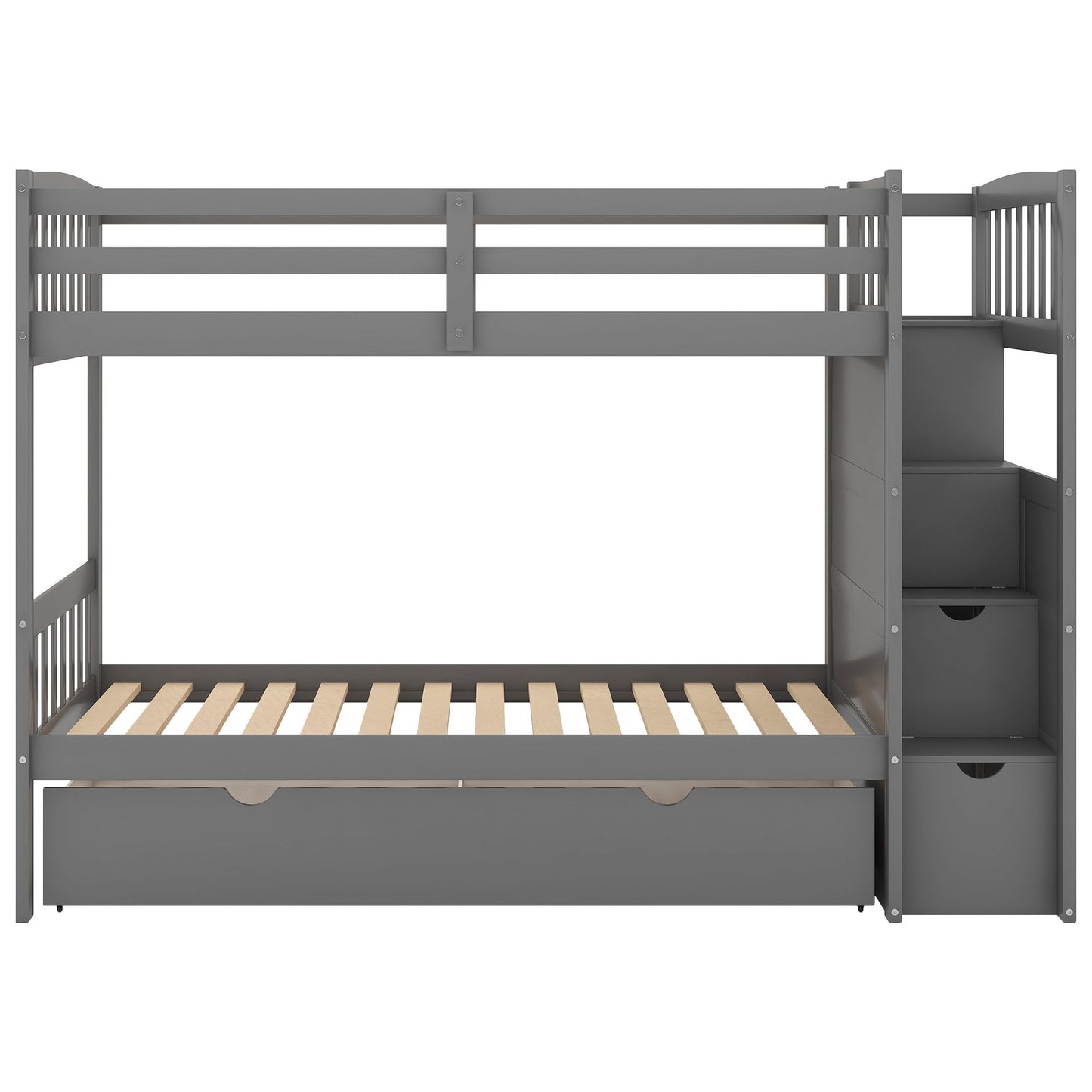 Twin over Full/Twin Bunk Bed; Convertible Bottom Bed; Storage Shelves and Drawers; Gray