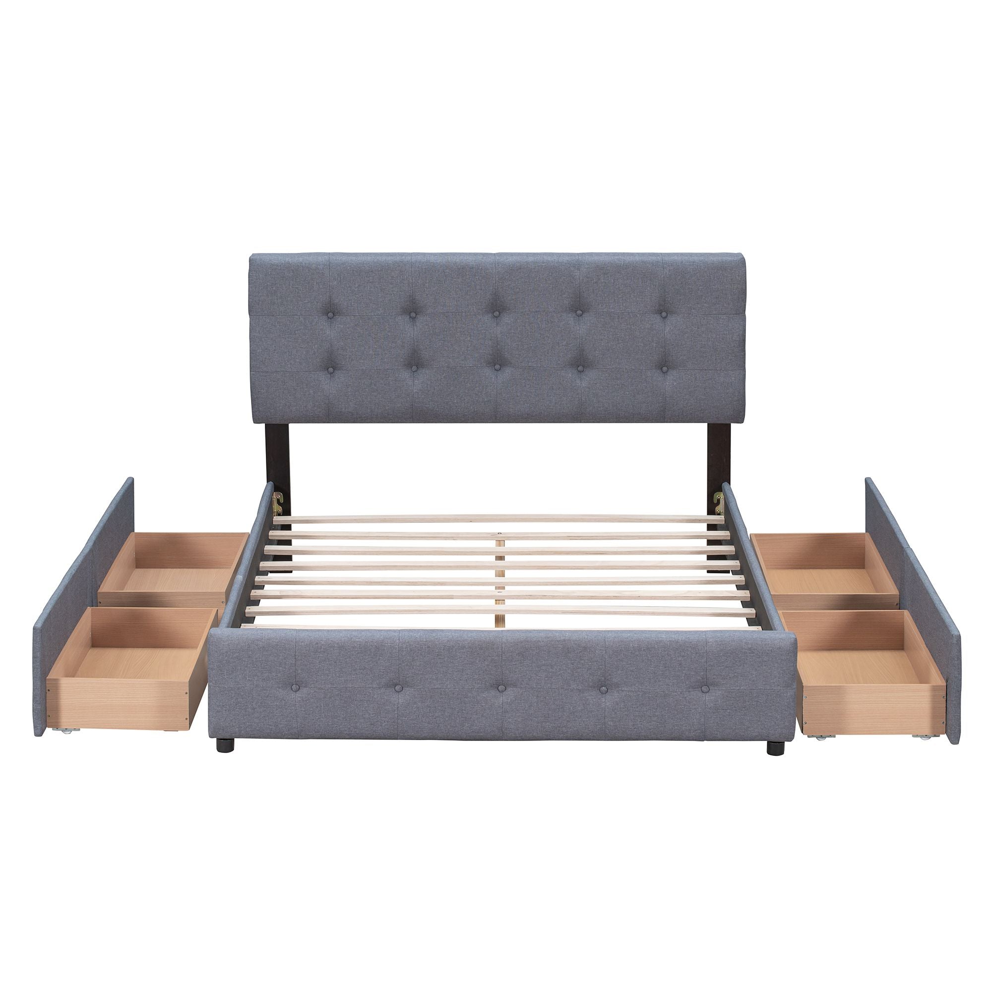 Upholstered Platform Bed with Classic Headboard and 4 Drawers; No Box Spring Needed; Linen Fabric; Queen Size