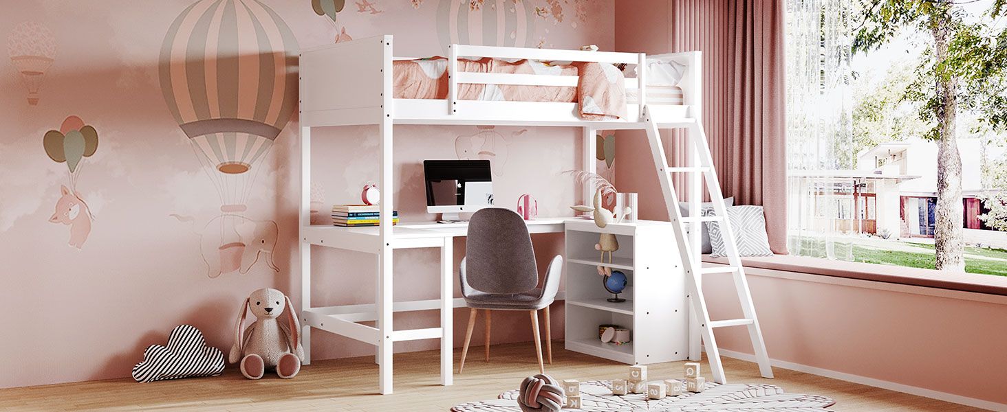 Twin size Loft Bed with Shelves and Desk; Wooden Loft Bed with Desk