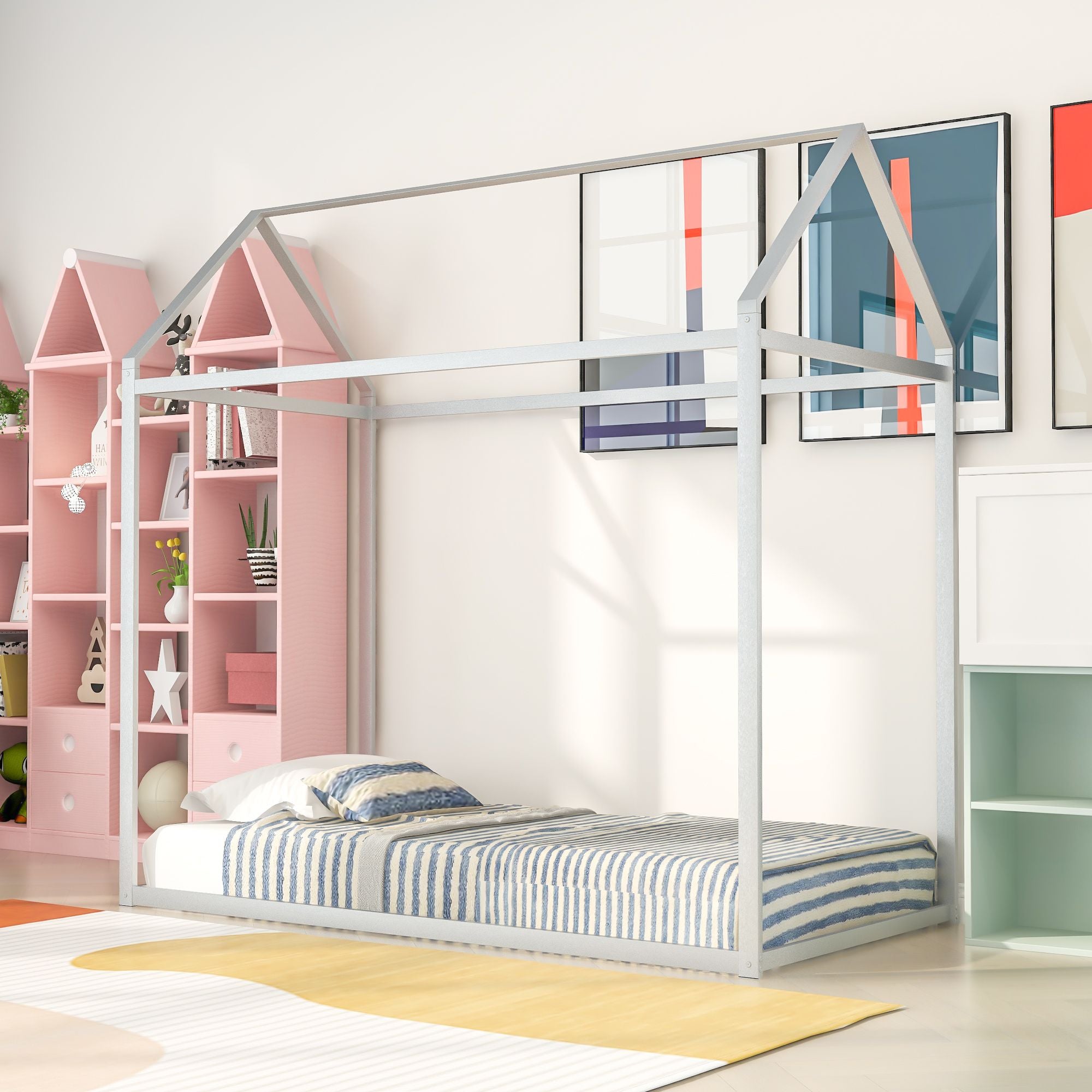 House Bed Frame Twin Size ; Kids Bed Frame Metal Platform Bed Floor Bed for Kids Boys Girls No Box Spring Needed